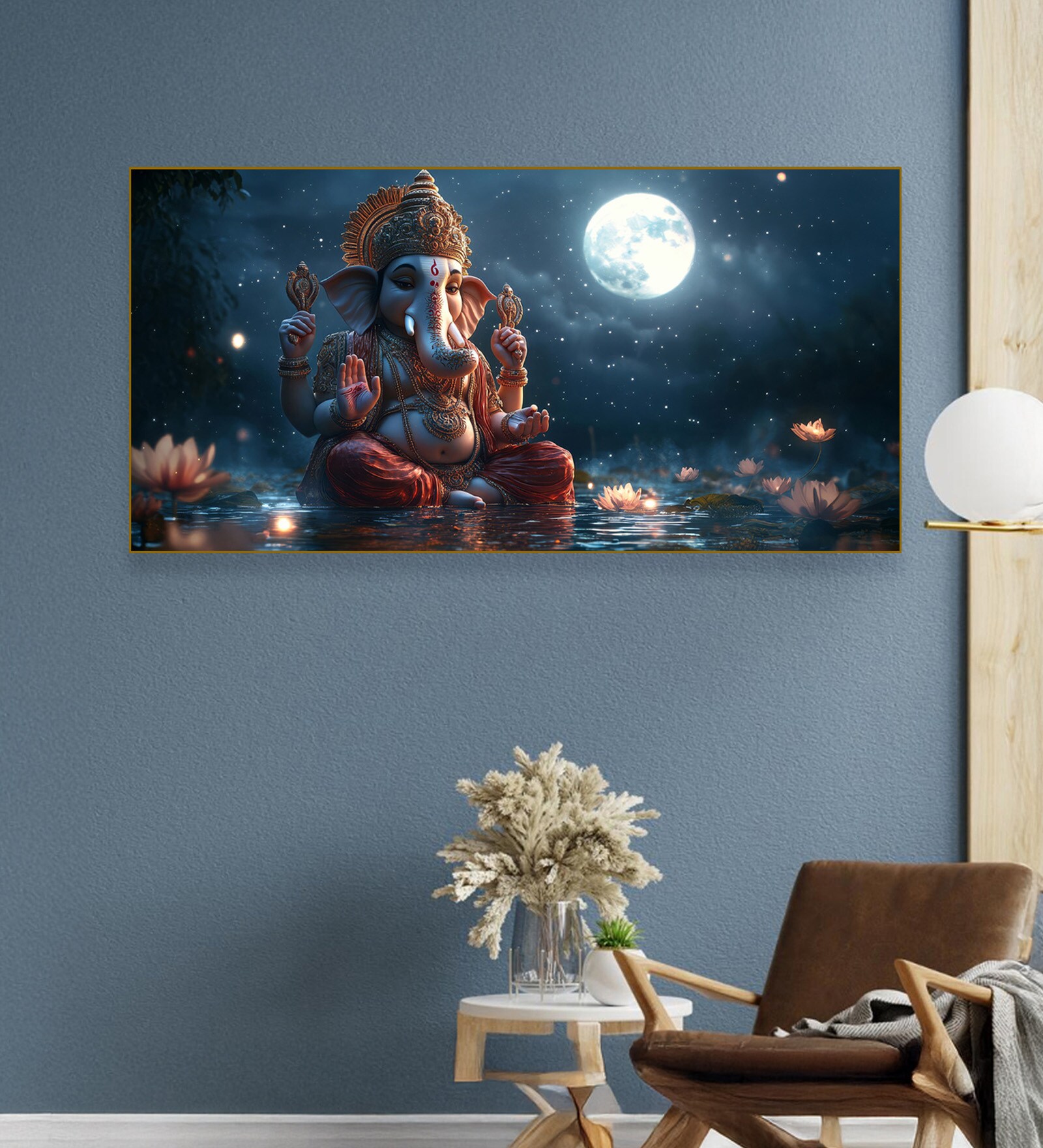 Gold Canvas Framed Lord Ganesha in Divine Moon Wall Painting