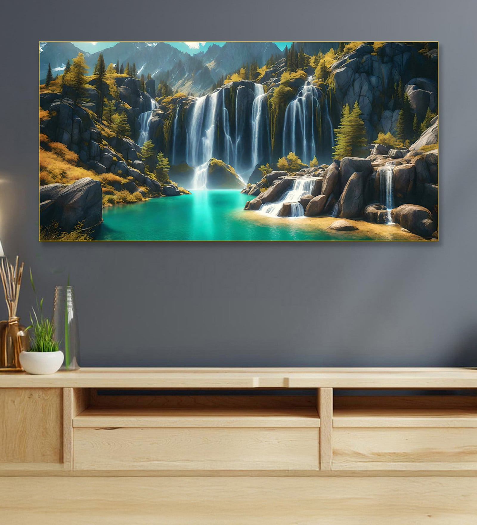 Gold Canvas Framed Lush Green Waterfall in Forest Wall Painting(12X24 Inch)