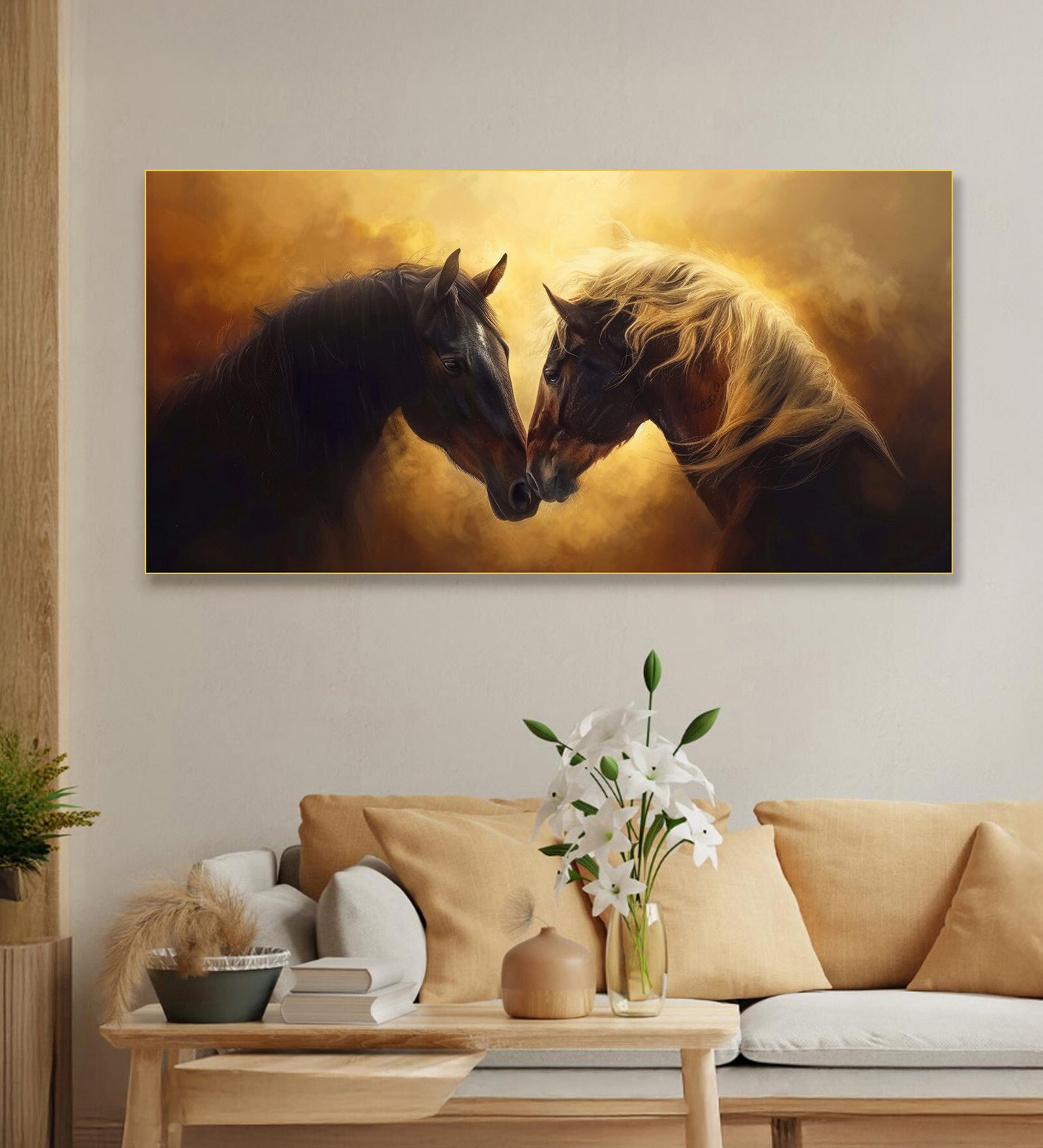 Gold Canvas Framed Majestic Equine Encounter in Art Wall Painting(18X36 Inch)