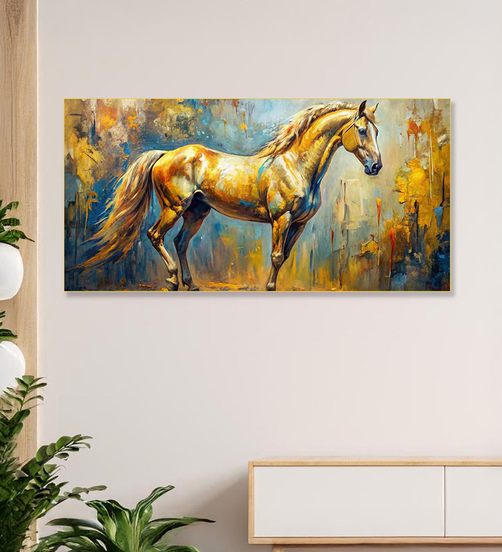 Gold Canvas Framed Majestic Equine Serenity in Nature Wall Painting(24X48 Inch)