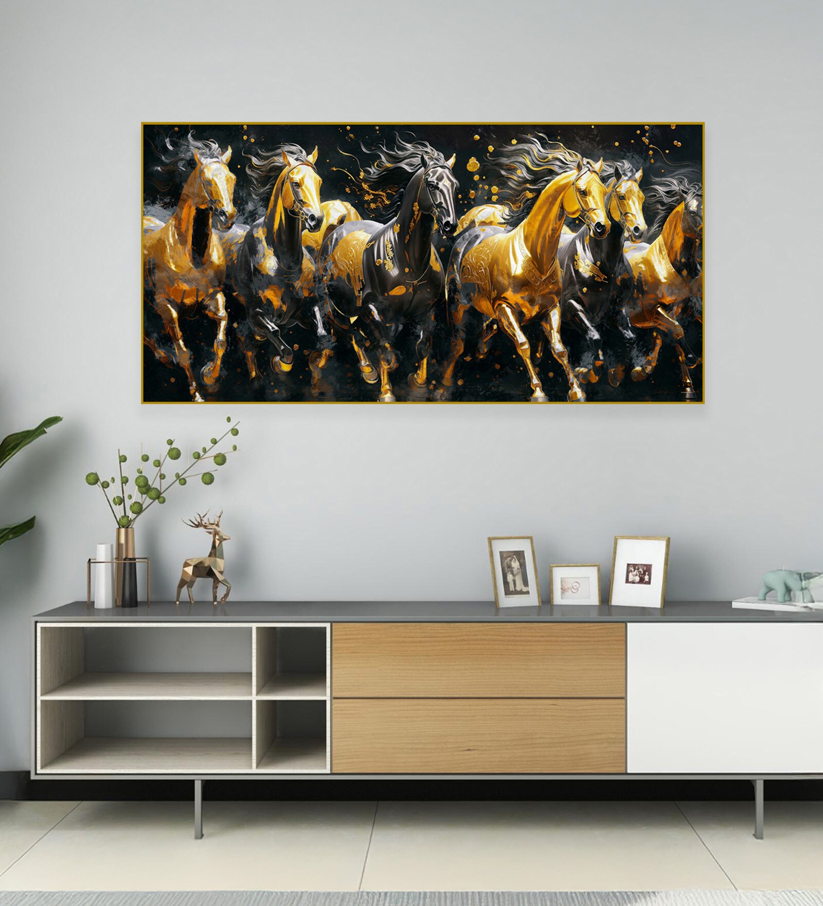 Gold Canvas Framed Majestic Equine Serenity in Nature Wall Painting(18X36 Inch)