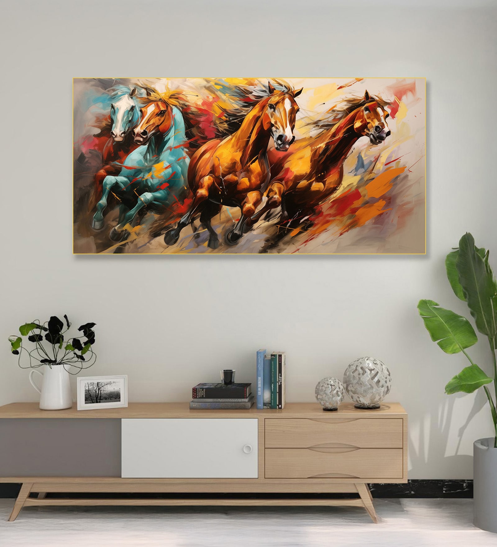 Gold Canvas Framed Majestic Horses in Ethereal Flight Wall Painting(12X24 Inch)