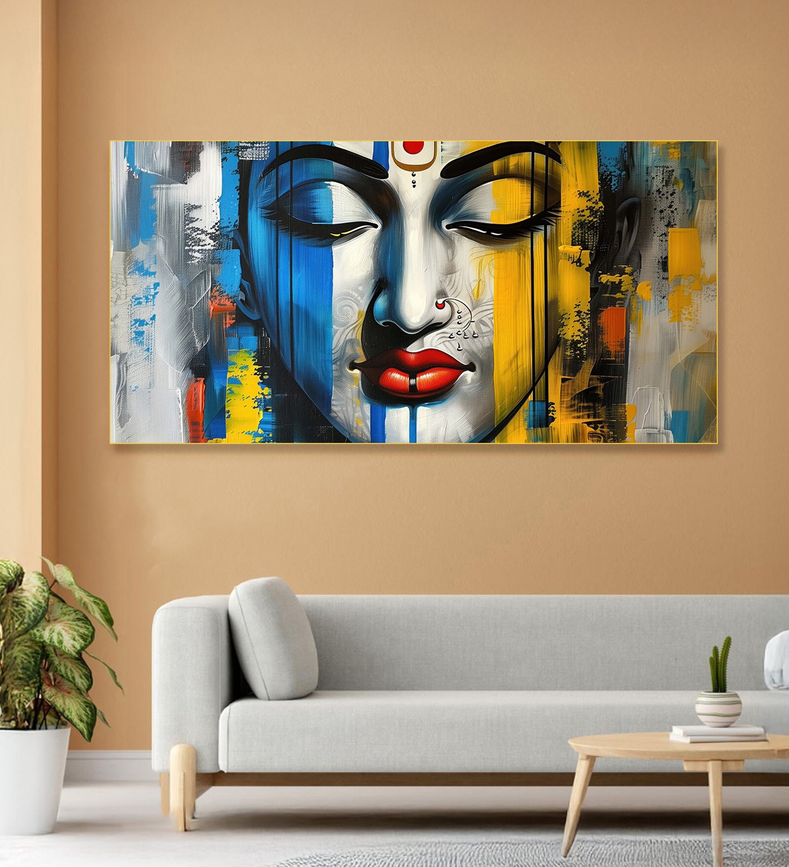 Gold Canvas Framed Radiant Serenity: Shiva's Essence Wall Painting(24X48 Inch)