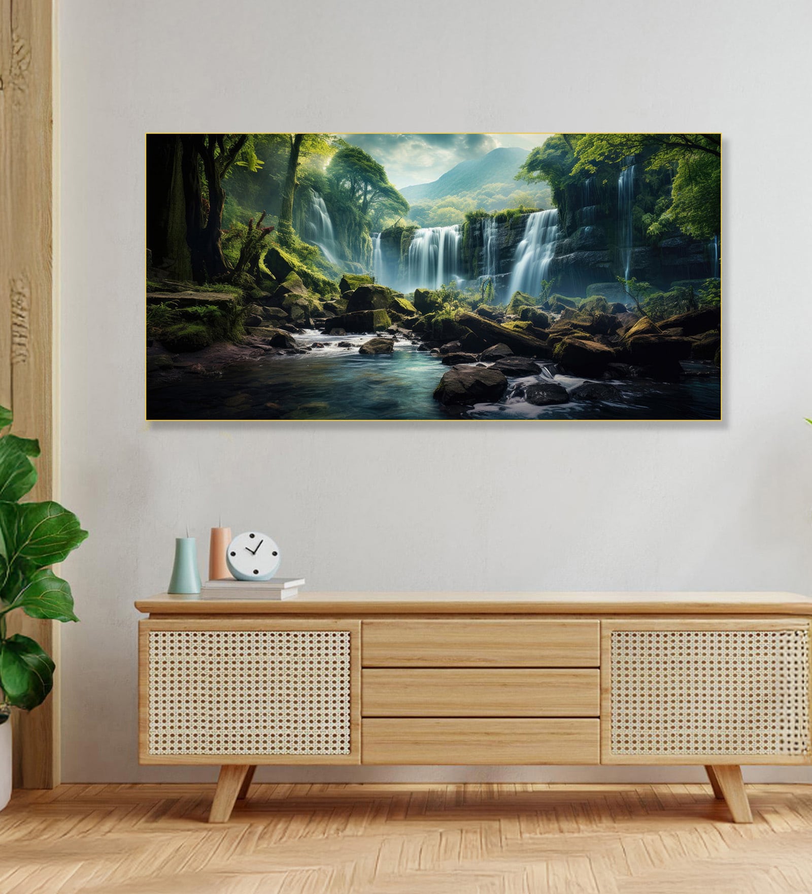 Gold Canvas Framed Serene Forest wild Waterfall Wall Painting(18X36 Inch)