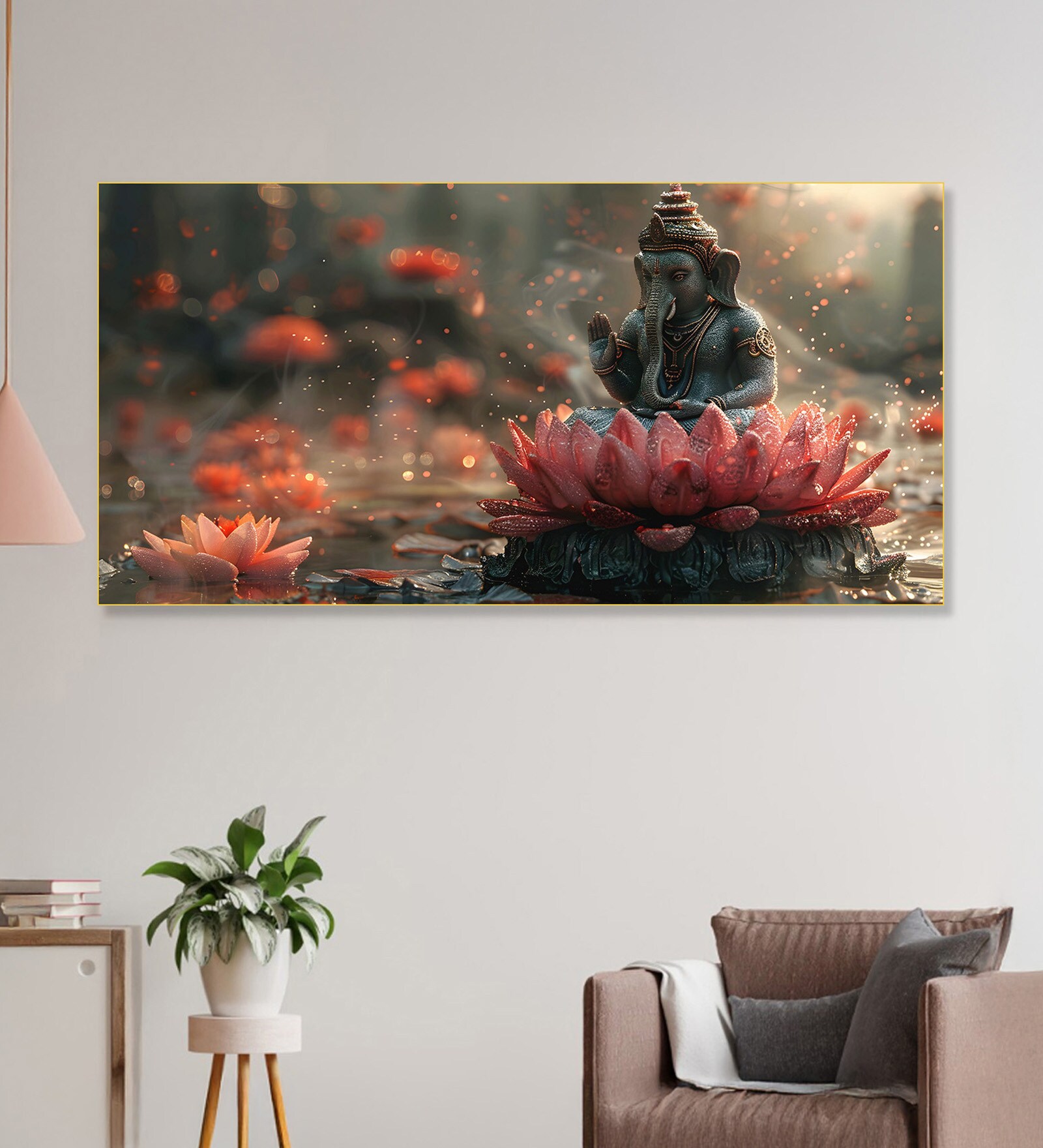 Gold Canvas Framed Serene Ganesha on Lotus Blossom Wall Painting