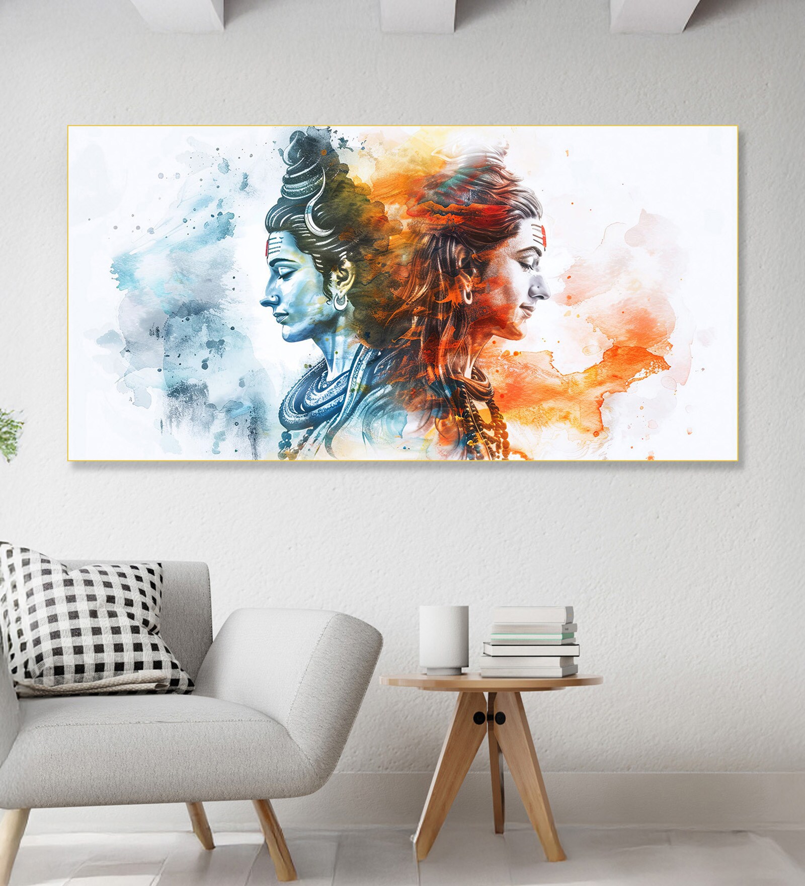 Gold Canvas Framed Shiva's Colorful Duality Wall Painting(18X36 Inch)