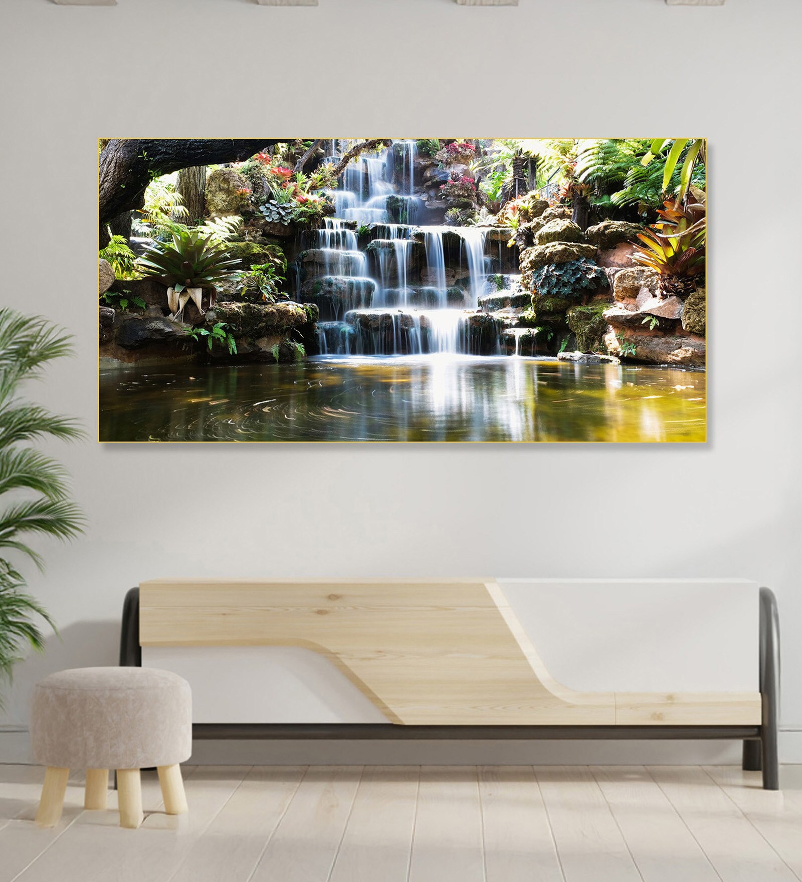 Gold Canvas Framed Tropical Oasis Waterfall Escape Wall Painting(18X36 Inch)