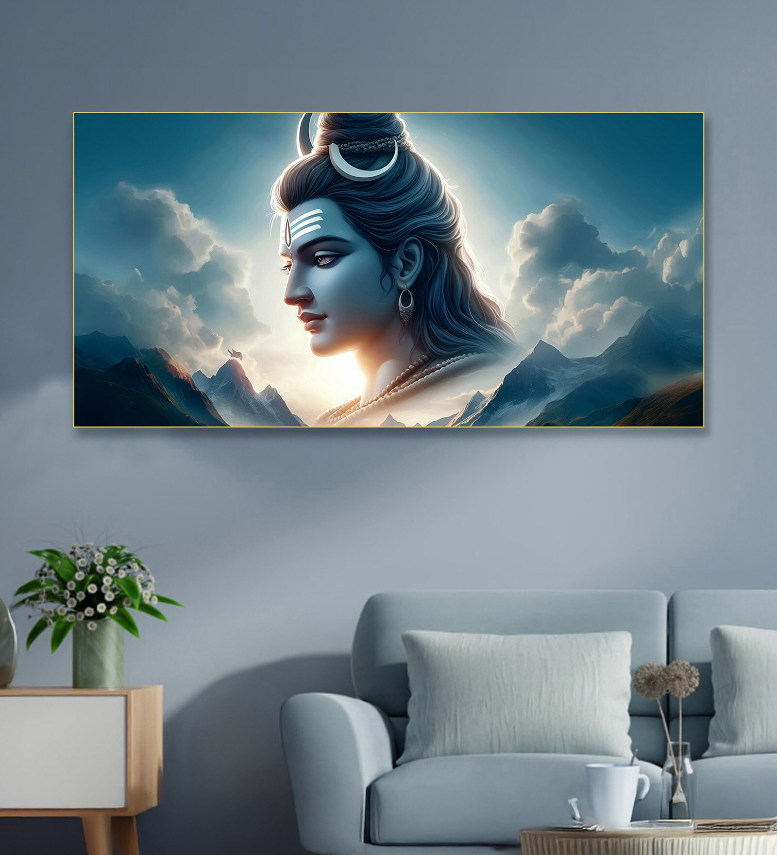 Gold Canvas Framed Vibrant Lord Shiva Divine Art Wall Painting(24X48 Inch)