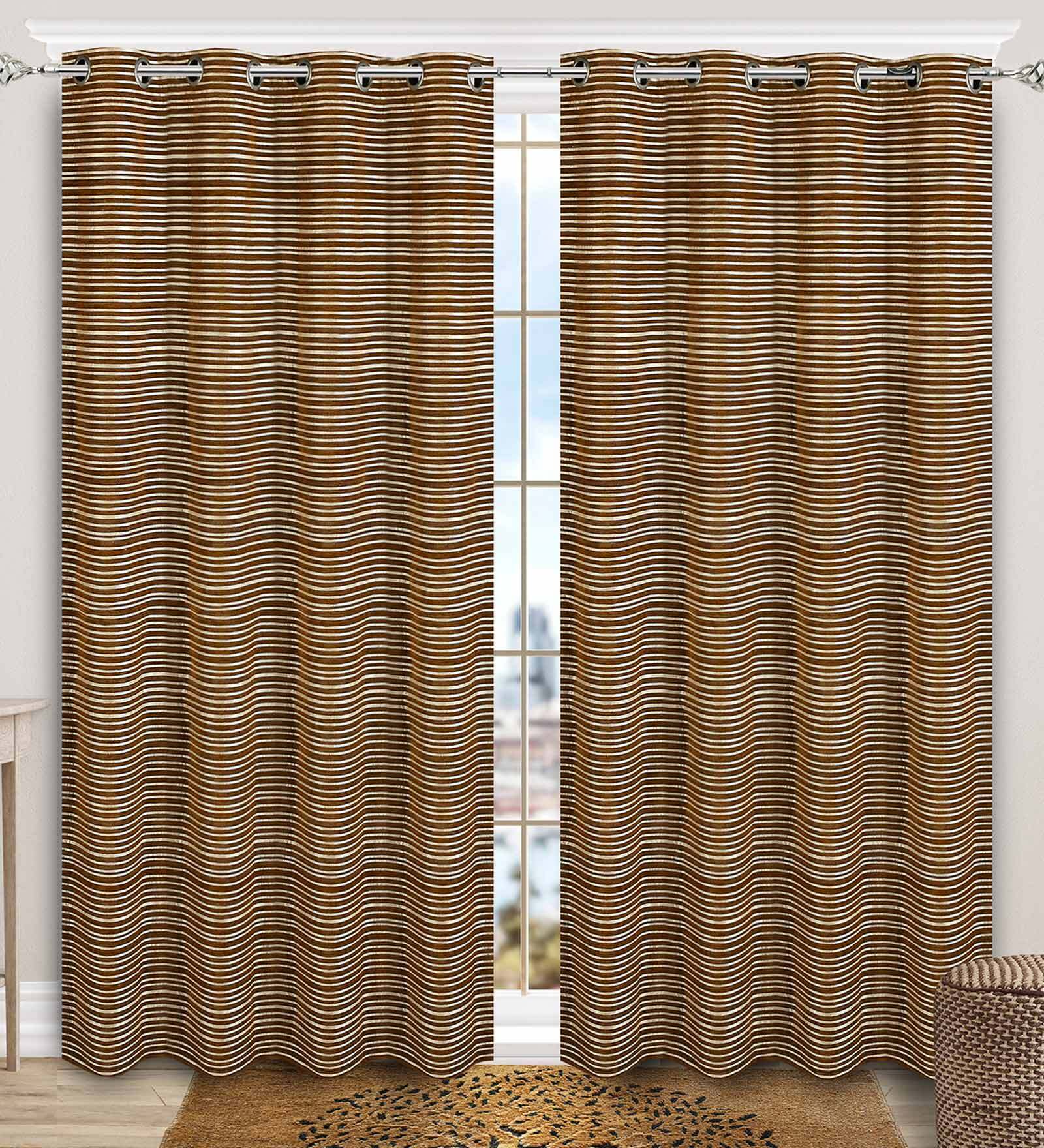 Gold Chenille Striped 9 Ft Light Filering Eyelet 2 Door Curtains