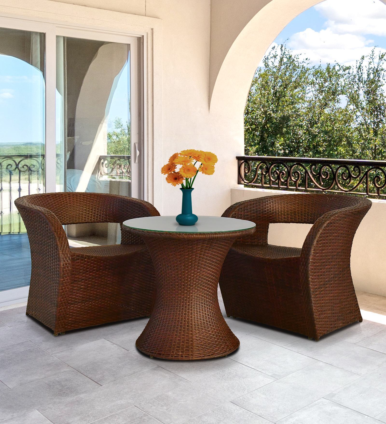 Gold Coast Wicker Table And Chair Set ( With 2 Chairs ) In Brown Finish