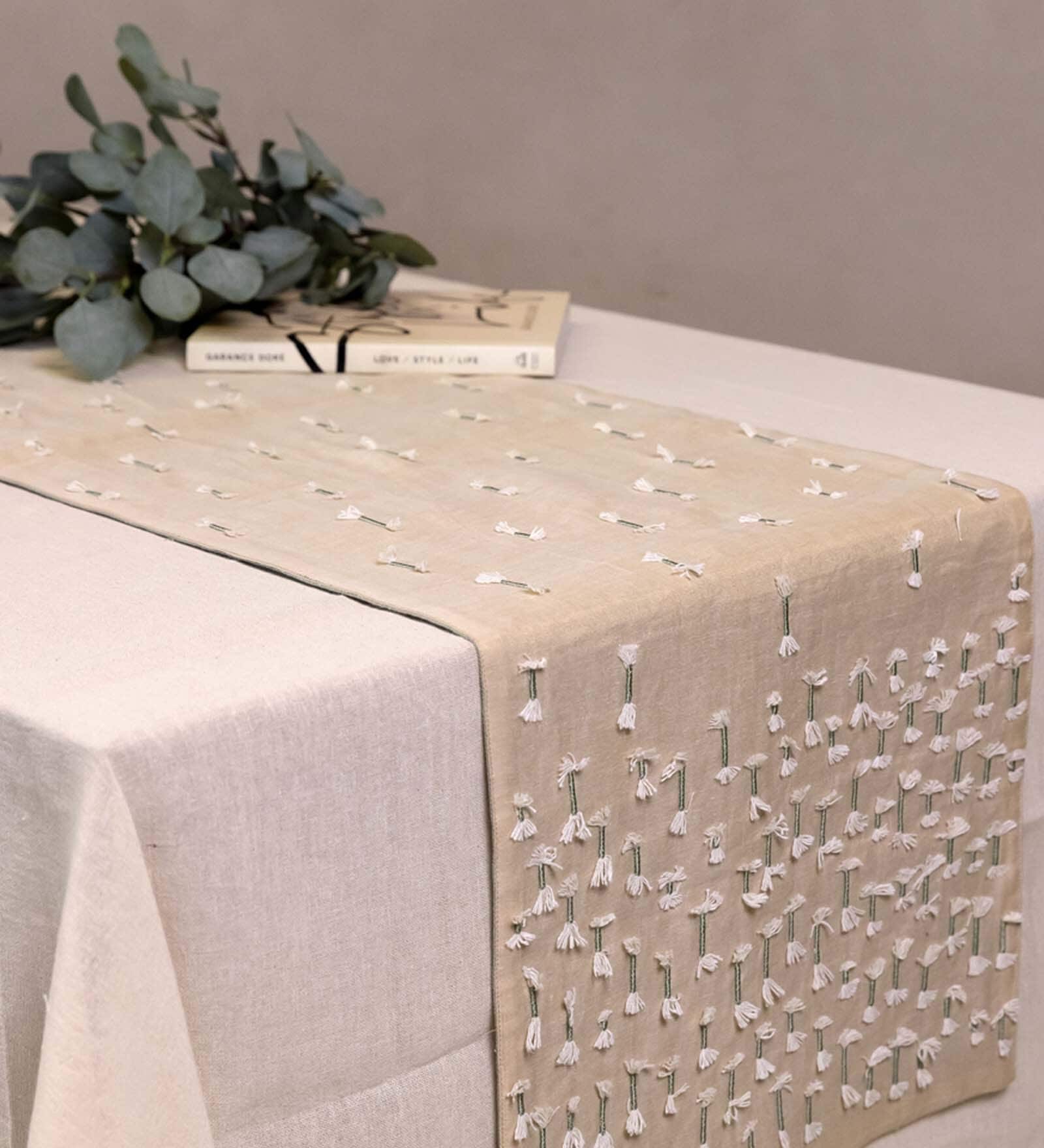 Be Tassled 70 Inch Beige Cotton Table Runner