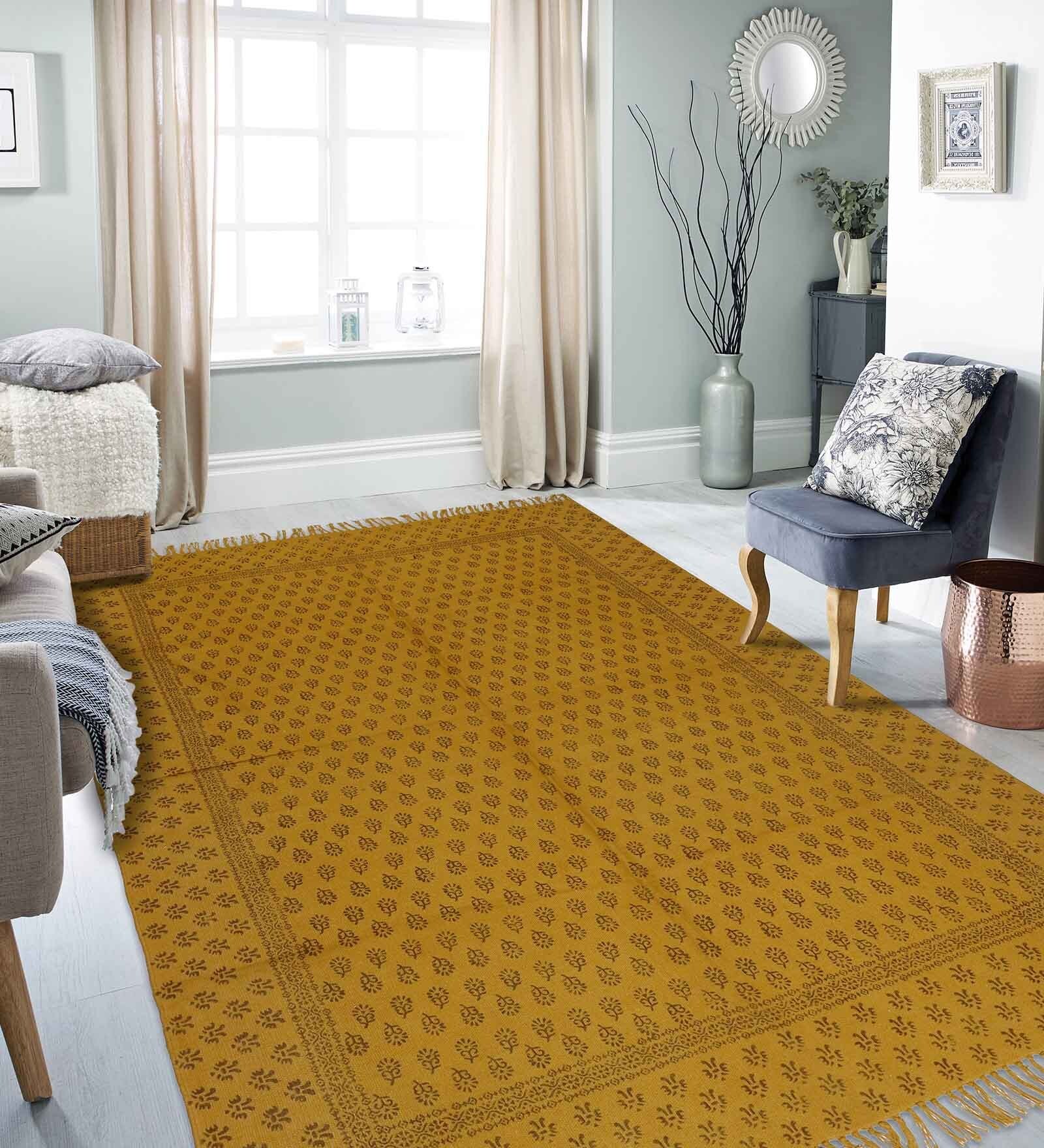 Gold Cotton Block Printed Hand Woven 5 x 2 Feet Dhurrie