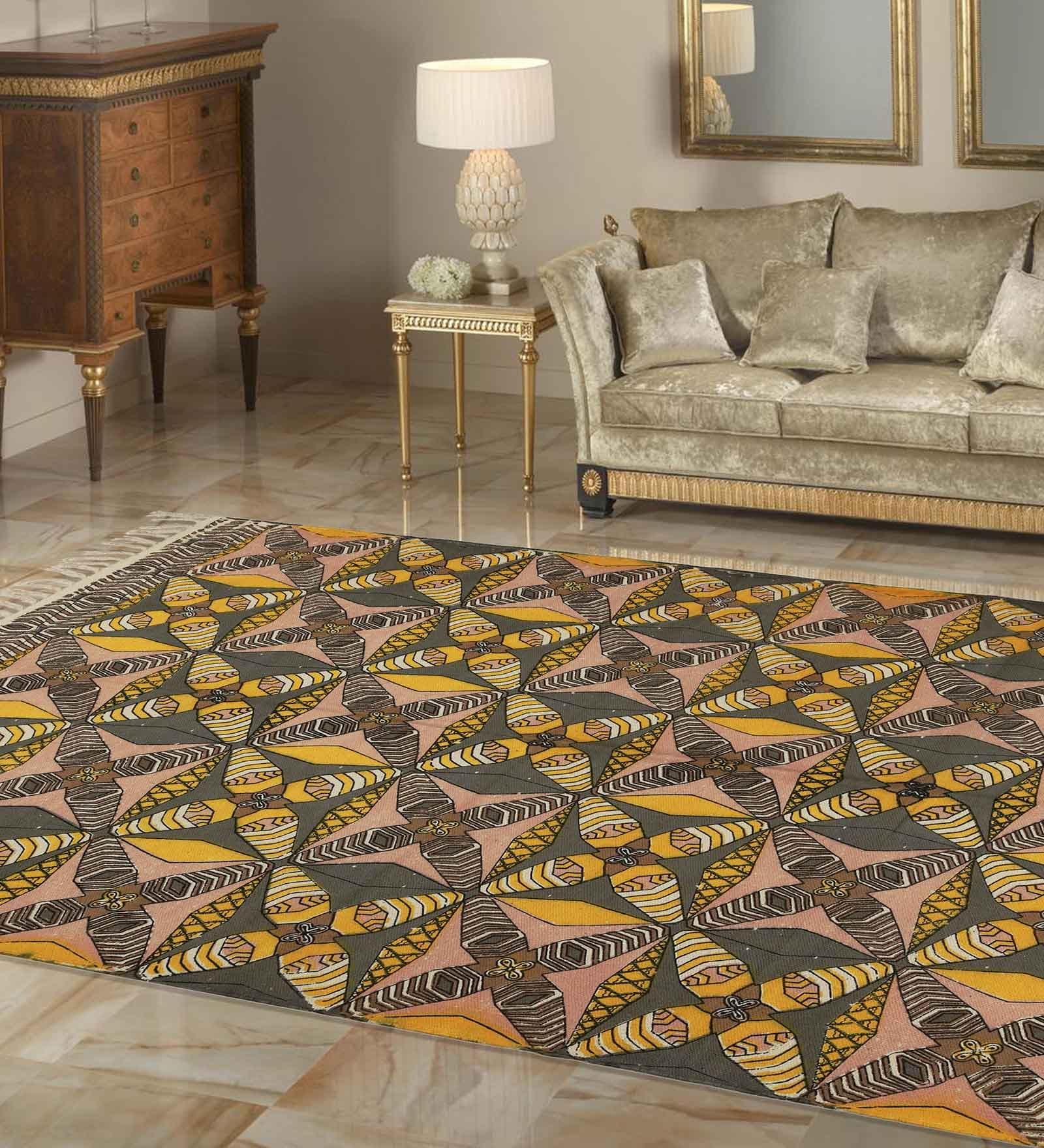 Gold Cotton Screen Printed Hand Woven 6 x 4 Feet Dhurrie