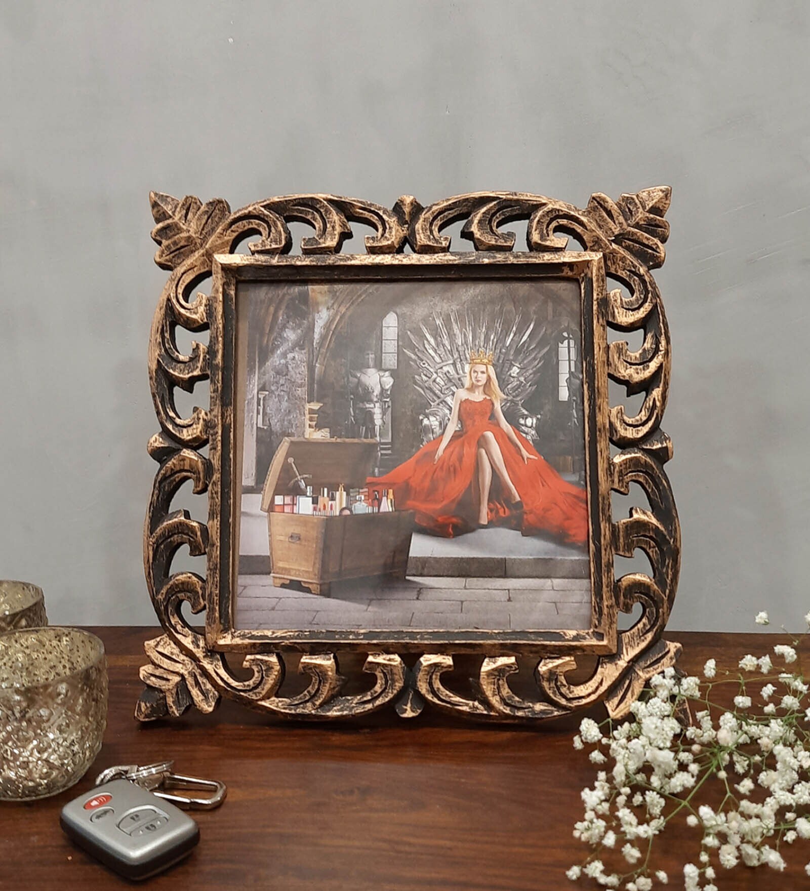 Buy Gold Engineered Wood Table Top Wooden Carved Square Photo Frame by