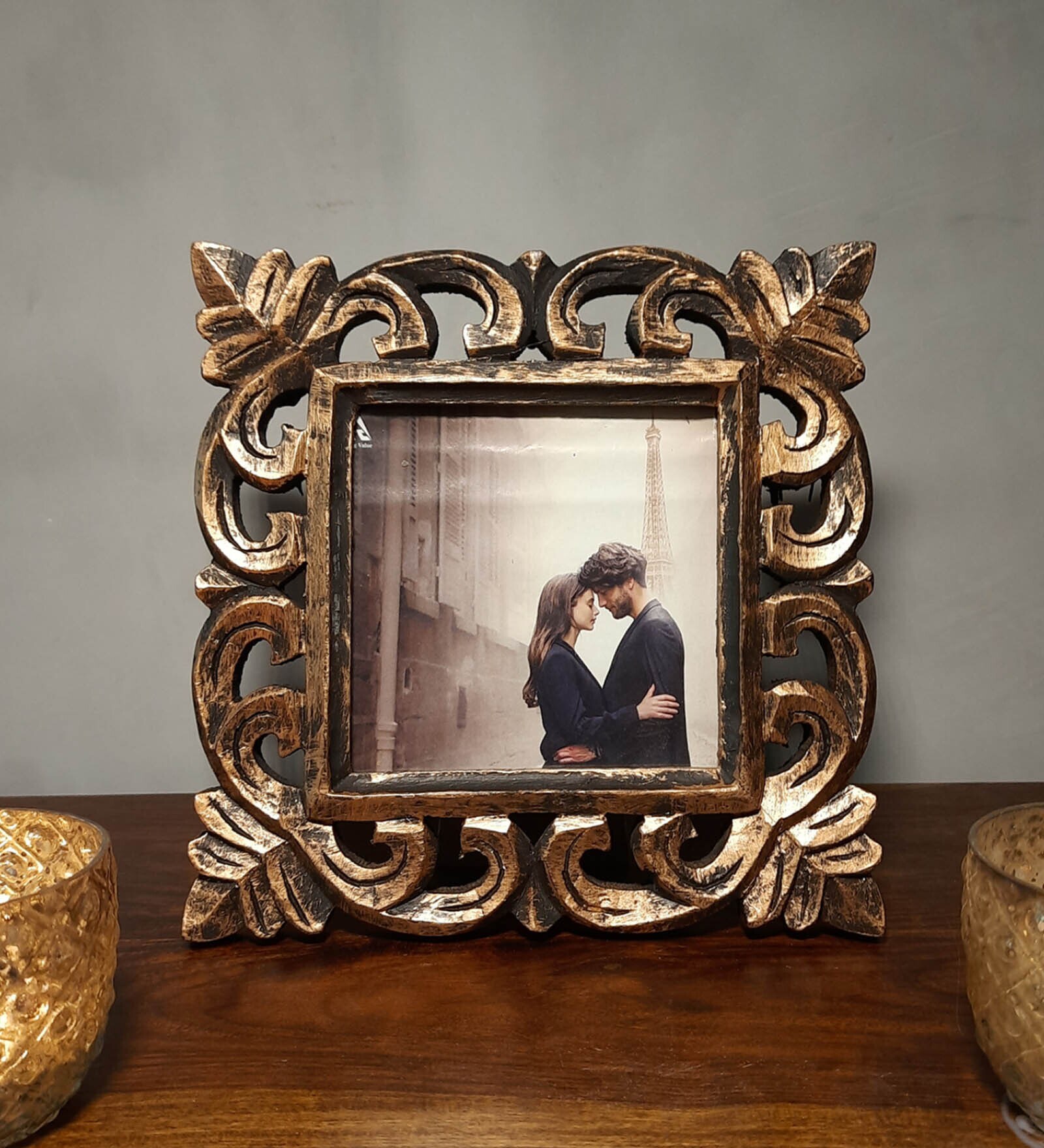 Buy Gold Engineered Wood Table Top Wooden Carved Square Photo Frame by