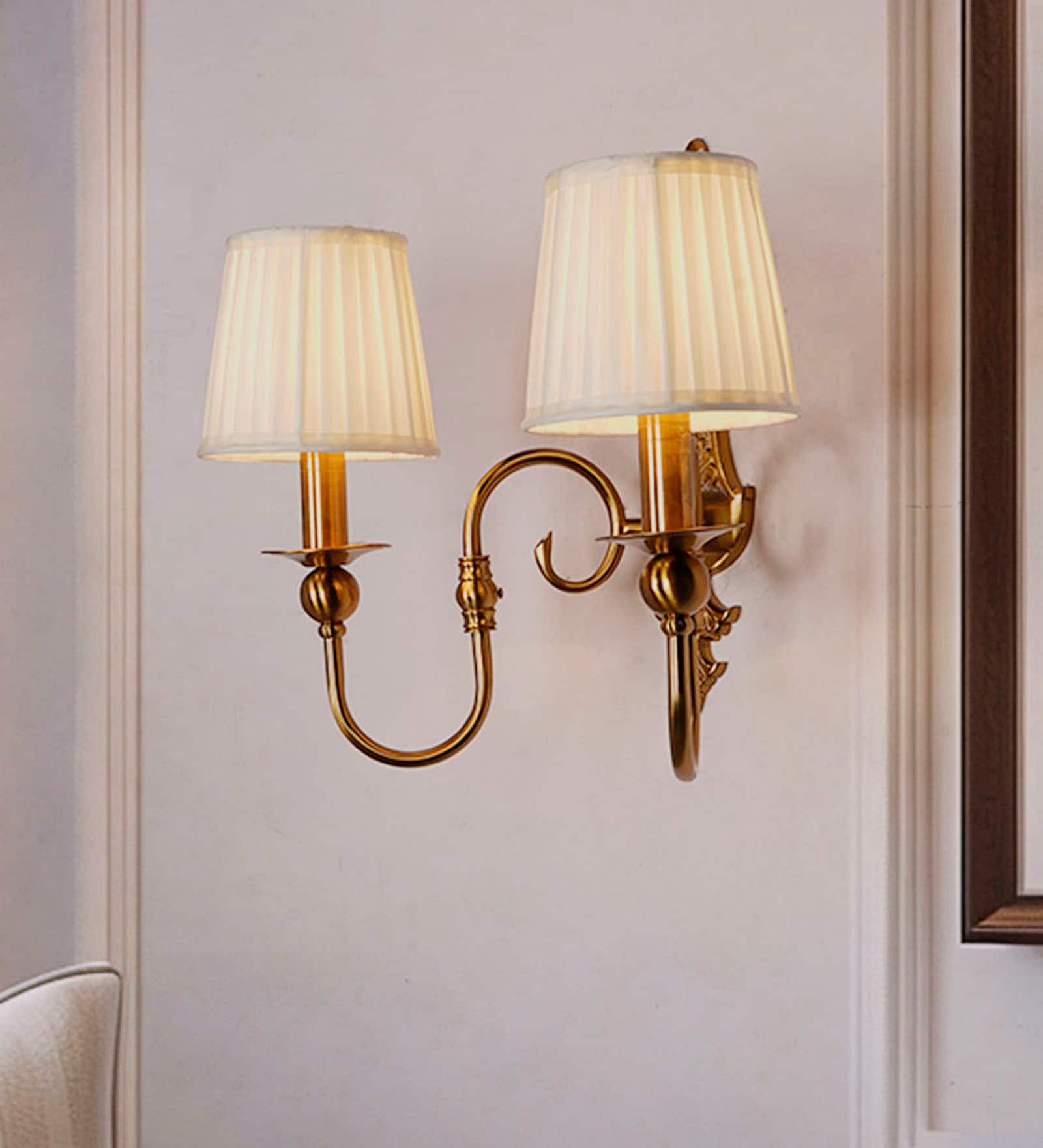 Gold European-style Double Light Steel Wall Sconce With 6 Inch Pleated Fabric Shades
