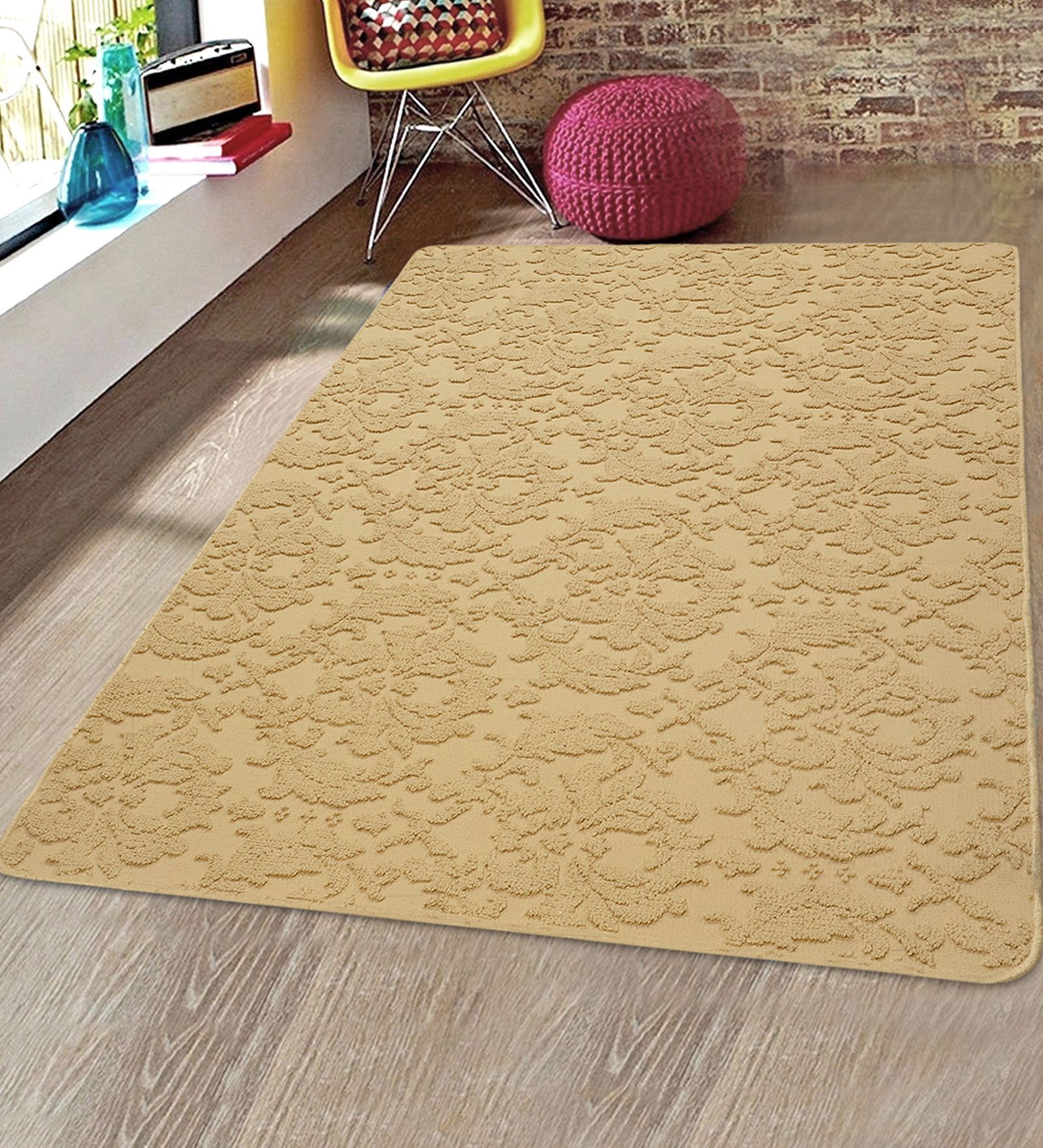 Gold Microfibre Floral 4 x 6 Feet Hand Tufted Carpet