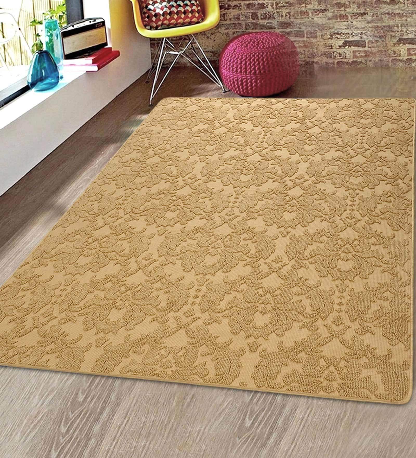 Gold Floral Microfibre 6 ft x 9 ft Hand Tufted Carpet
