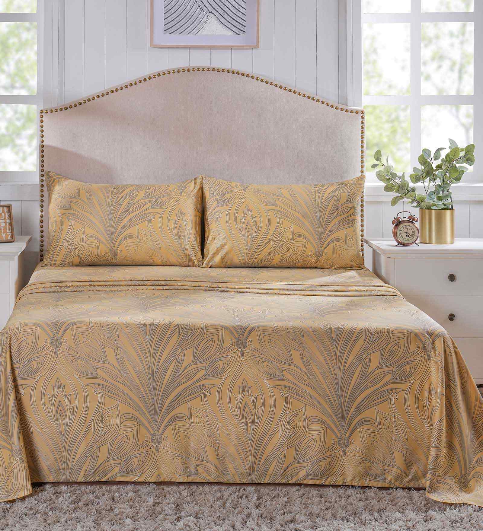 Gold Floral Print 400 TC Cotton King Size Bed Sheet with 2 Pillow Covers Classical Ornate Collection