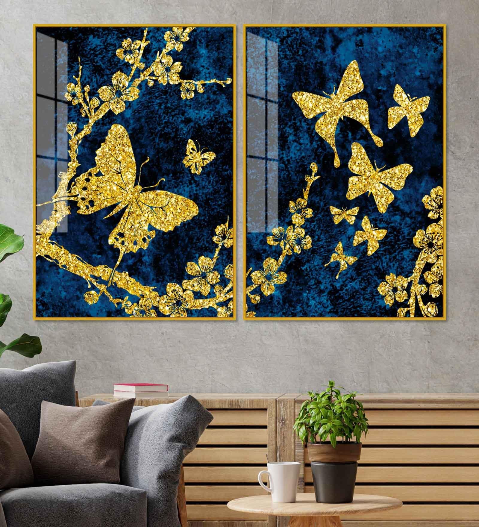 Gold Foil Butterfly Acrylic Art Framed Art Panel (Set Of 2)