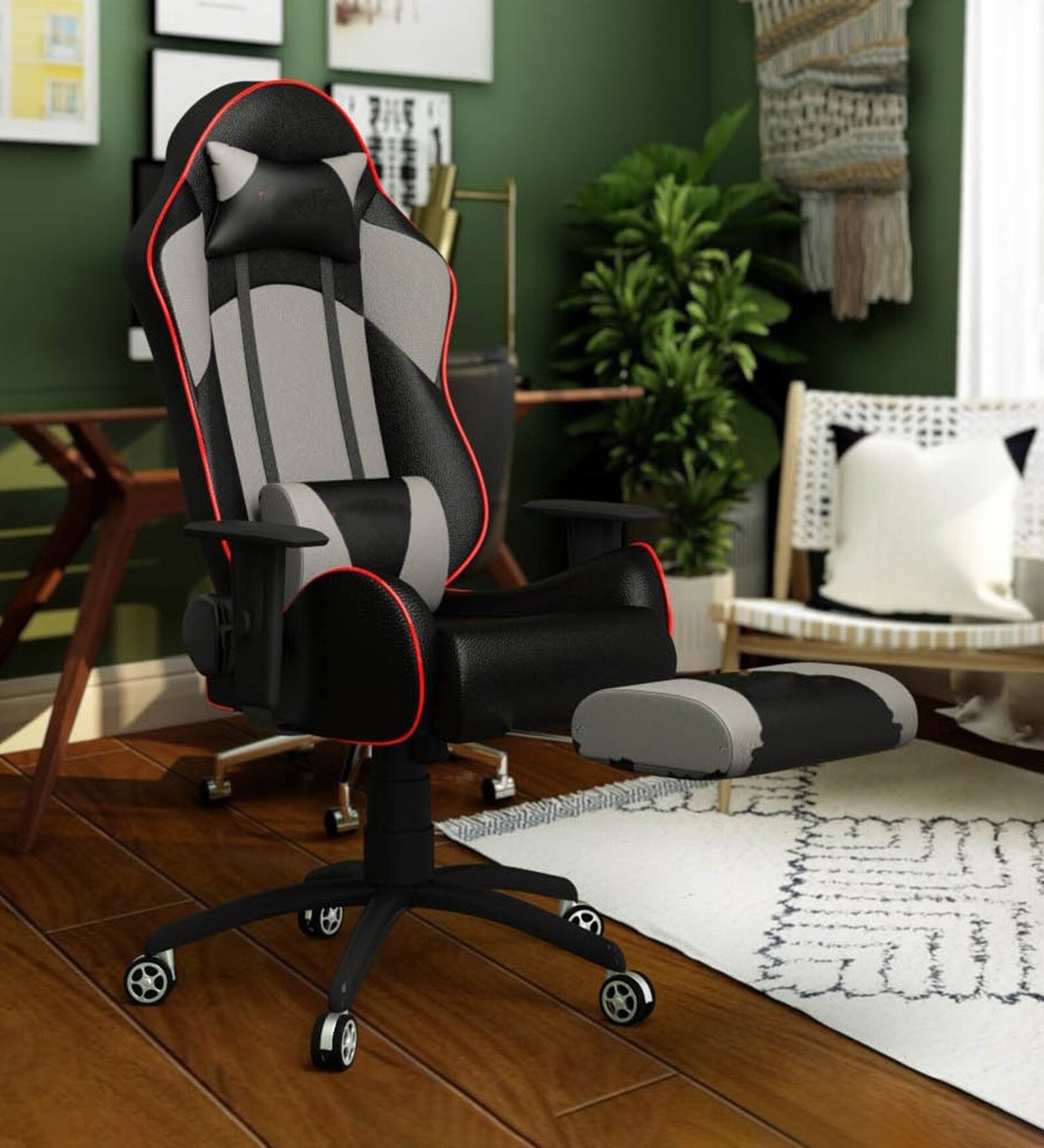 Gold Gaming Chair With Footrest In Grey & Black Colour Gold Gaming Chair With Footrest In Grey & Black Colour