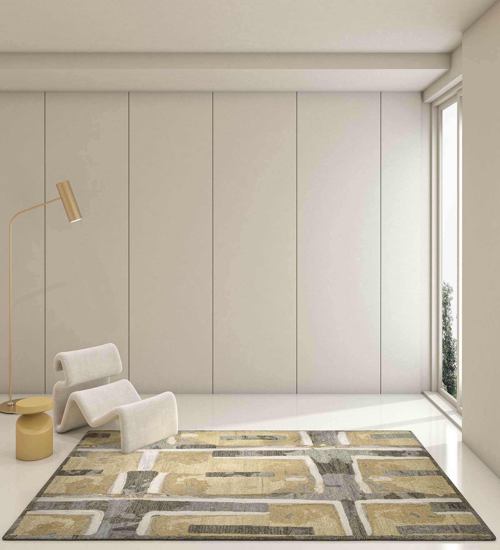 Gold Geometric Wool 6 ft x 9 ft Hand Tuftted Carpet