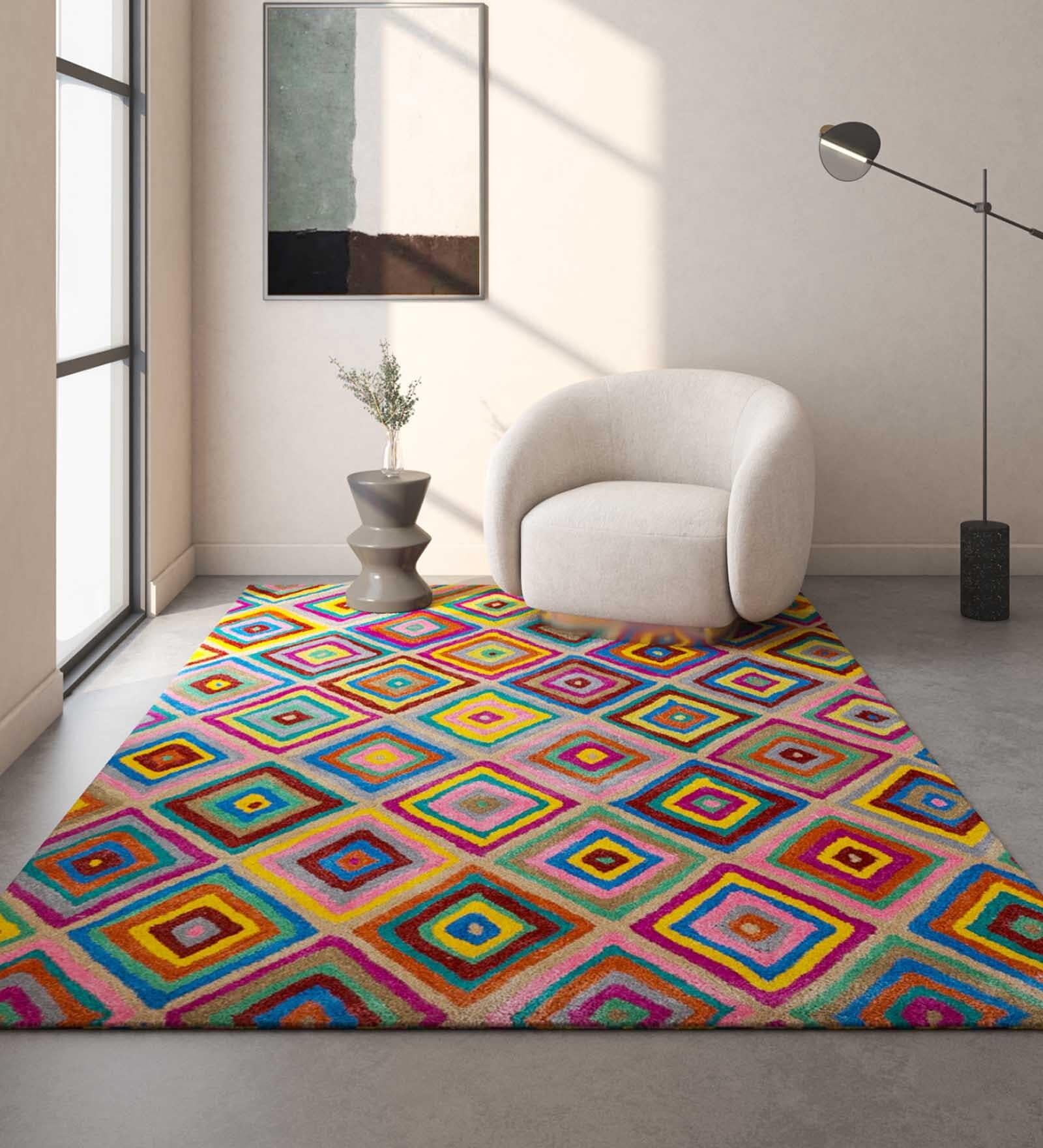 Multicolor Geometrical Wool 3 ft X 5 ft Hand Tufted Carpet