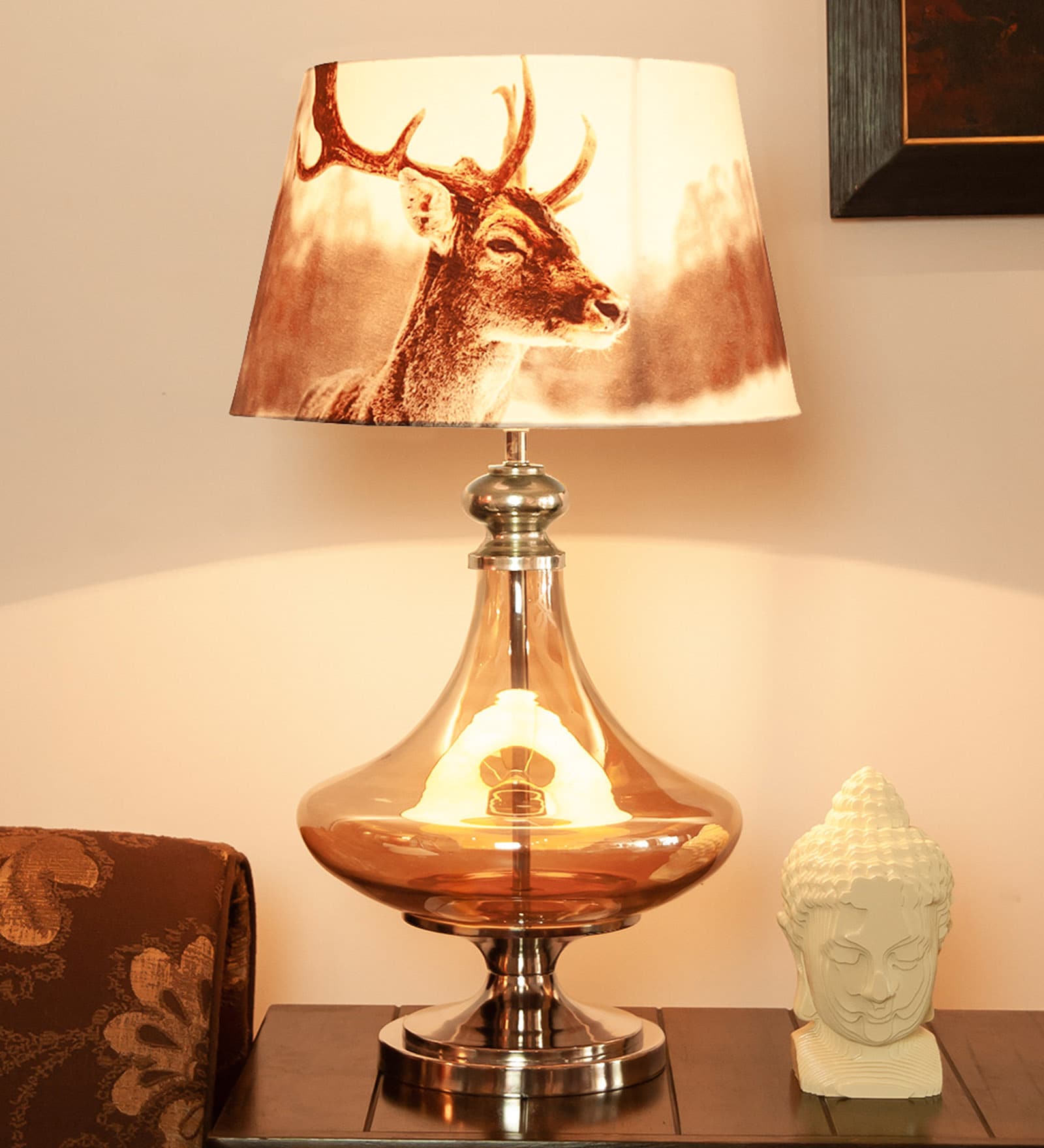 Livorno White & Brown Fabric Shade Table Lamp With Glass Base