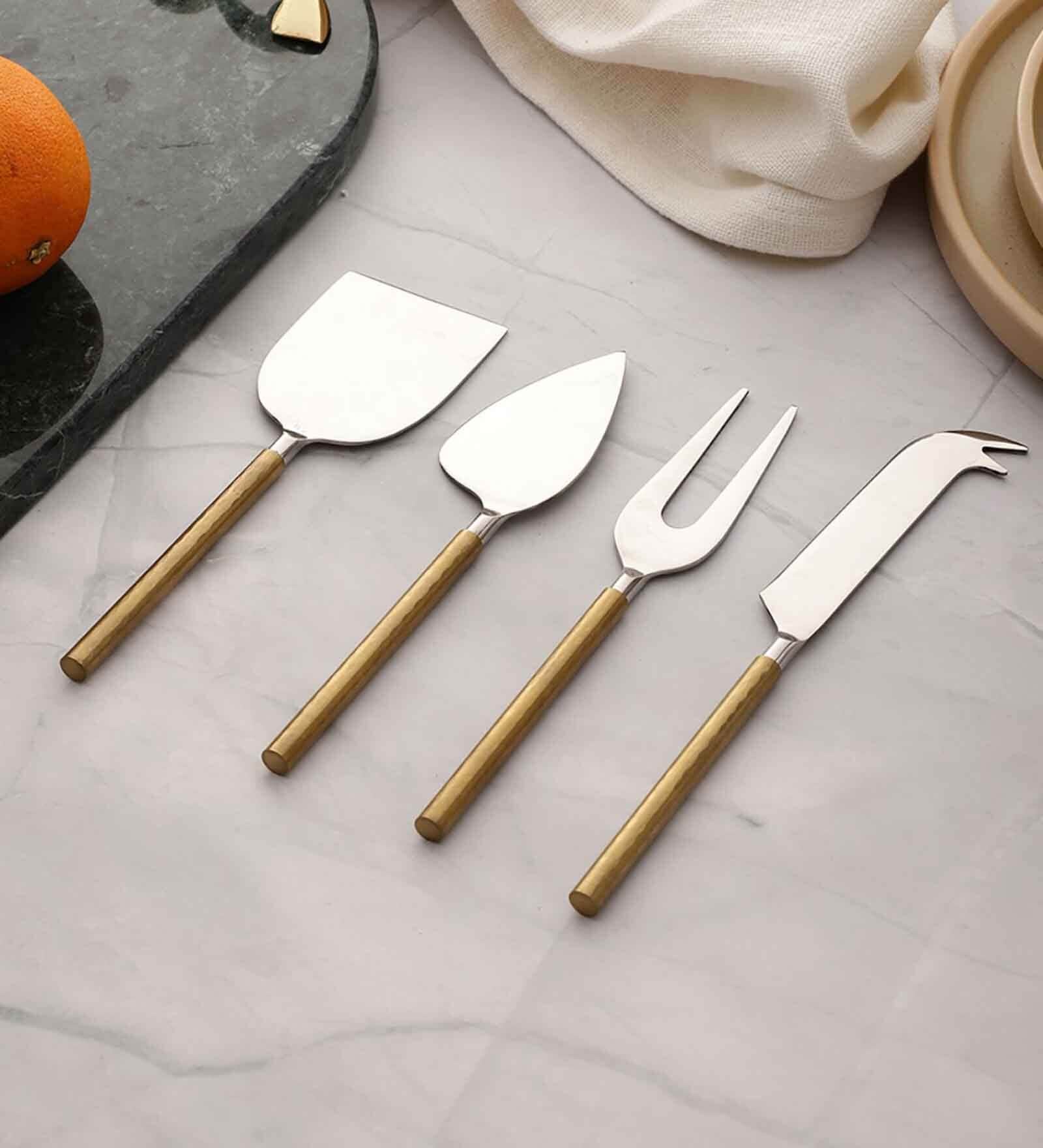Gold Hammered Steel Head  Cheese Knives (Set of4)