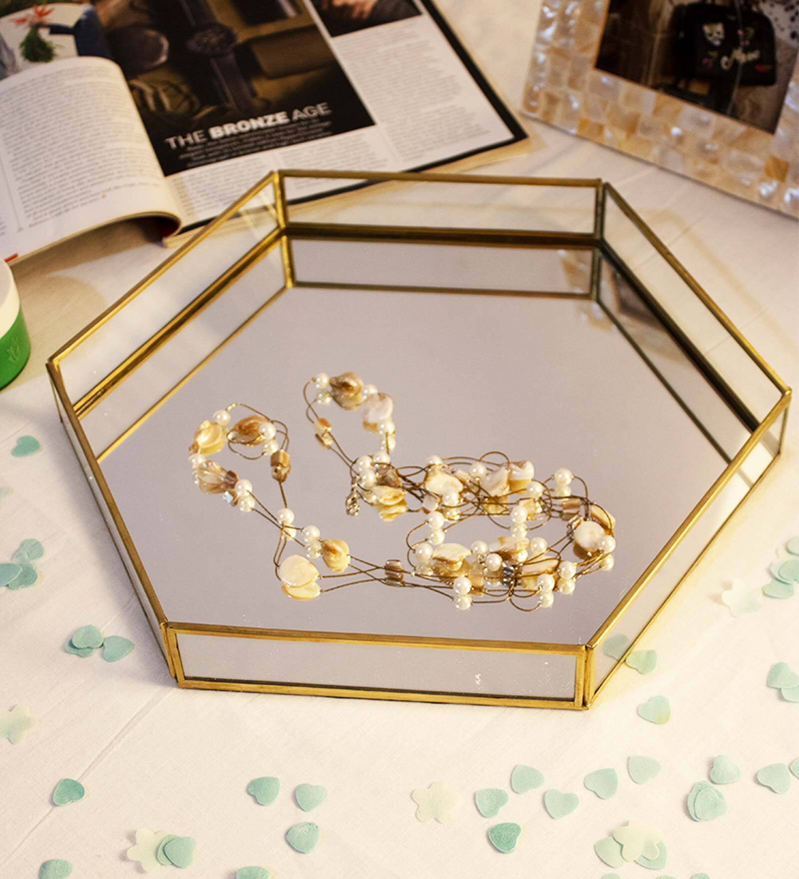Gold Hexagonal With Brass Frame Serving Tray Desk Organizer