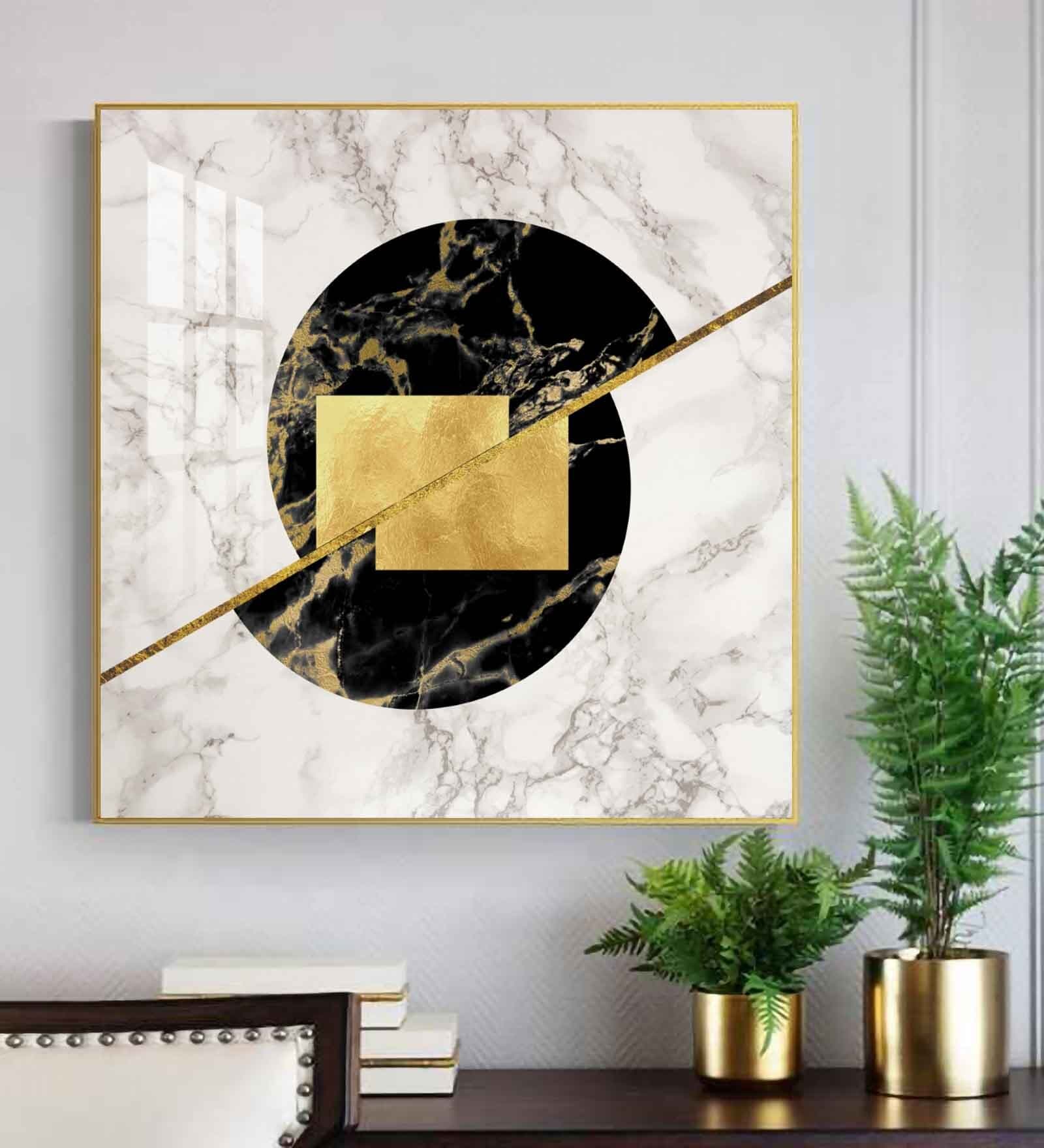 Gold-Infused Black Marble Glass Finish Square Wall Art