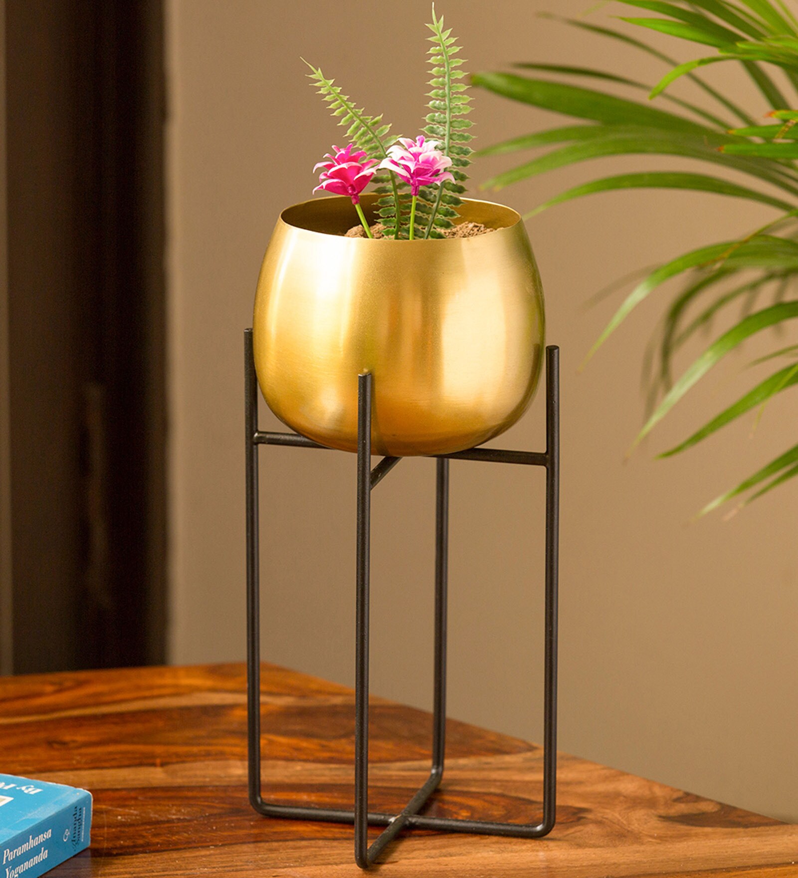 Gold Iron "The Golden Rounds" Planter Pot With Crossed Stand