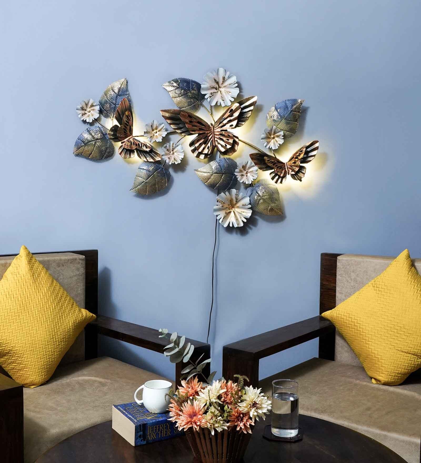 Gold Iron Buterfly And Flower Metal Wall Art