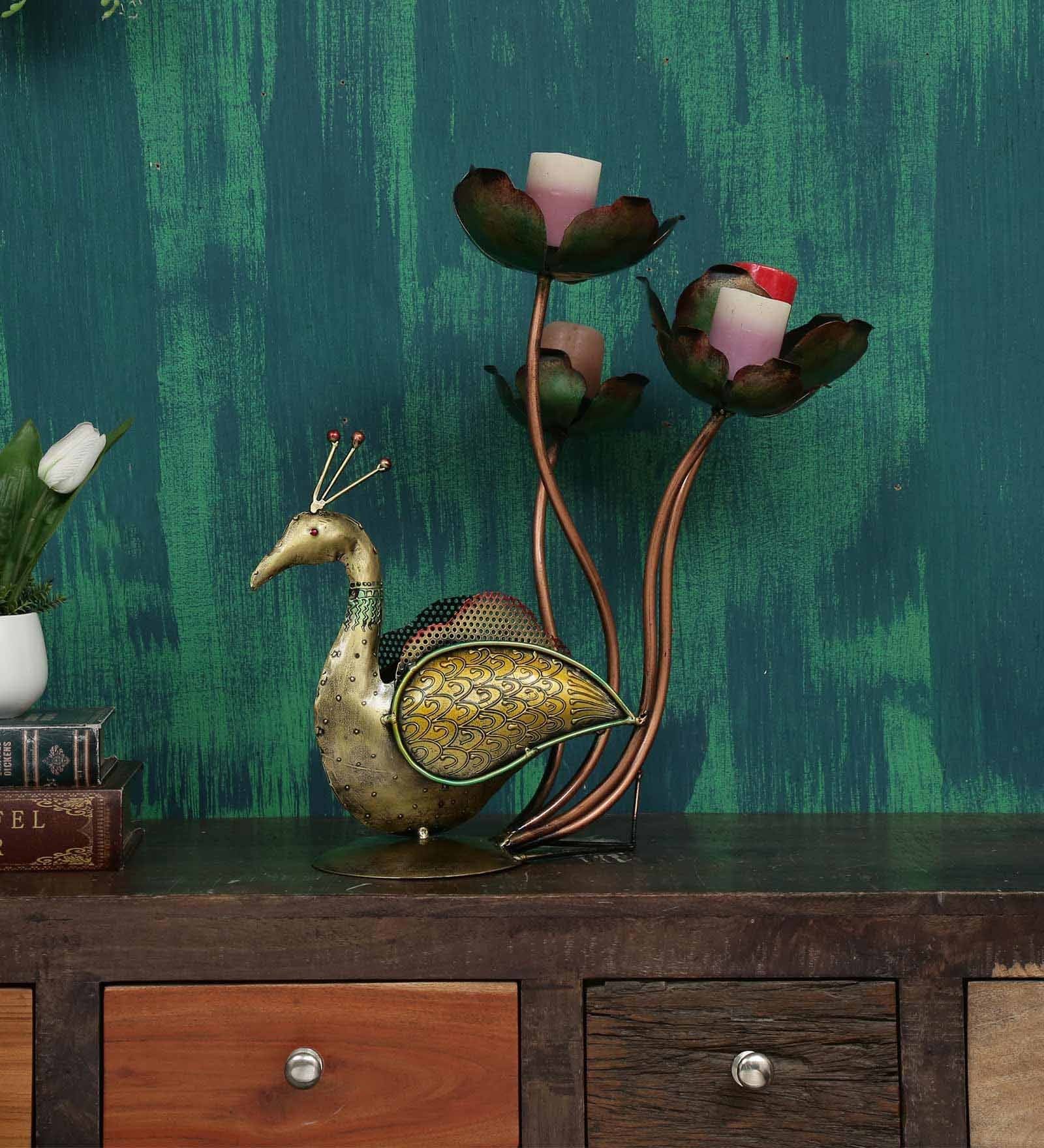 Gold Iron Metal Painted Peacock Tealight Bird Figurine