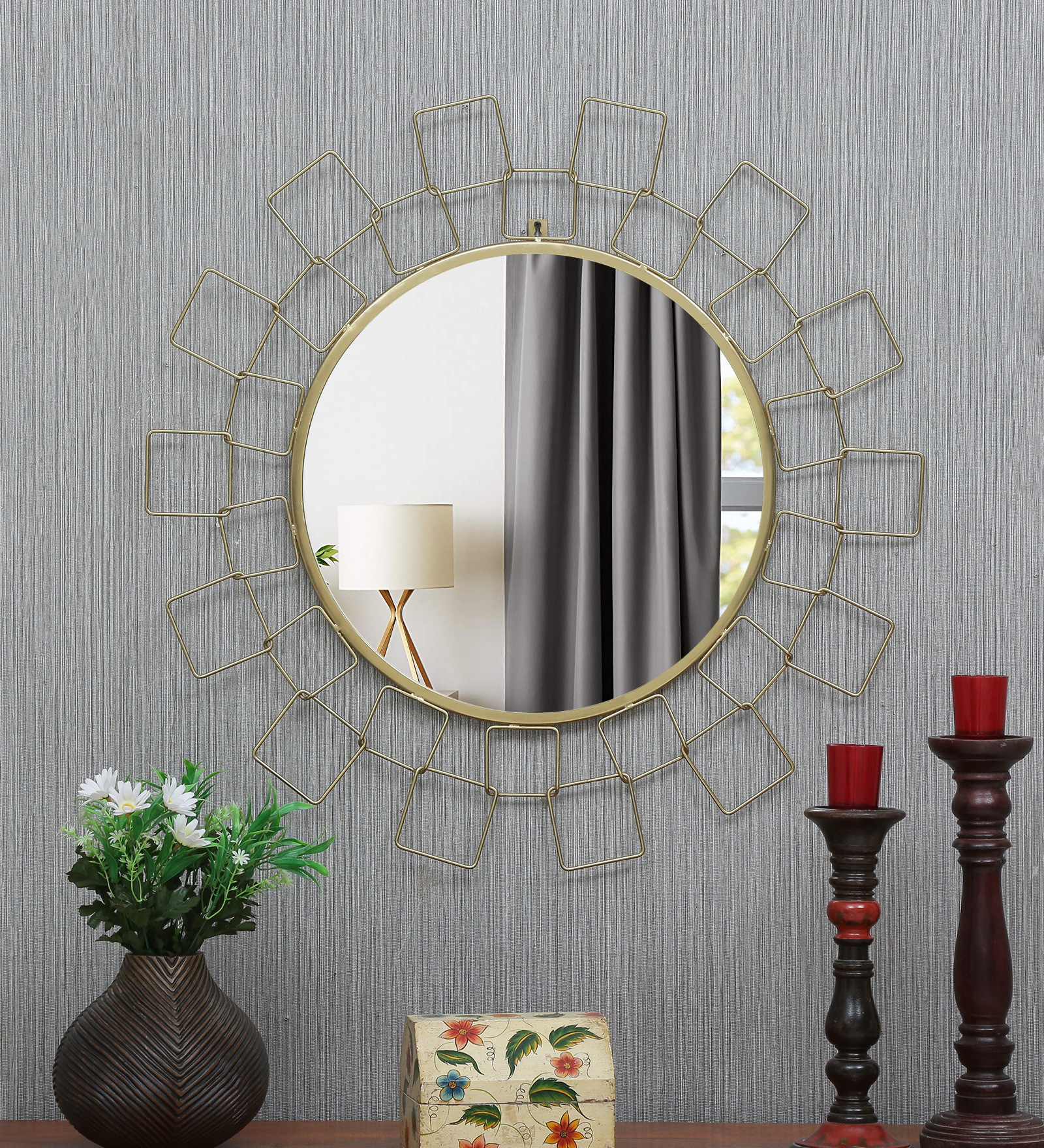 Buy Iron Round Wall Mirror in Gold colour by Vedas Online