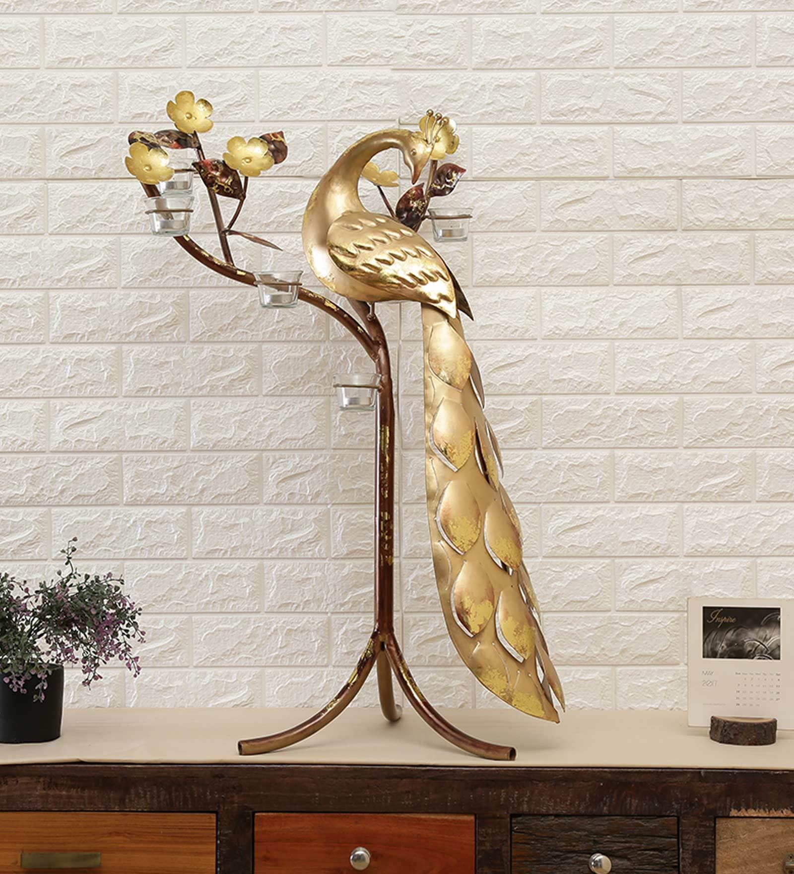 Gold Iron Standing Peacock Figurine