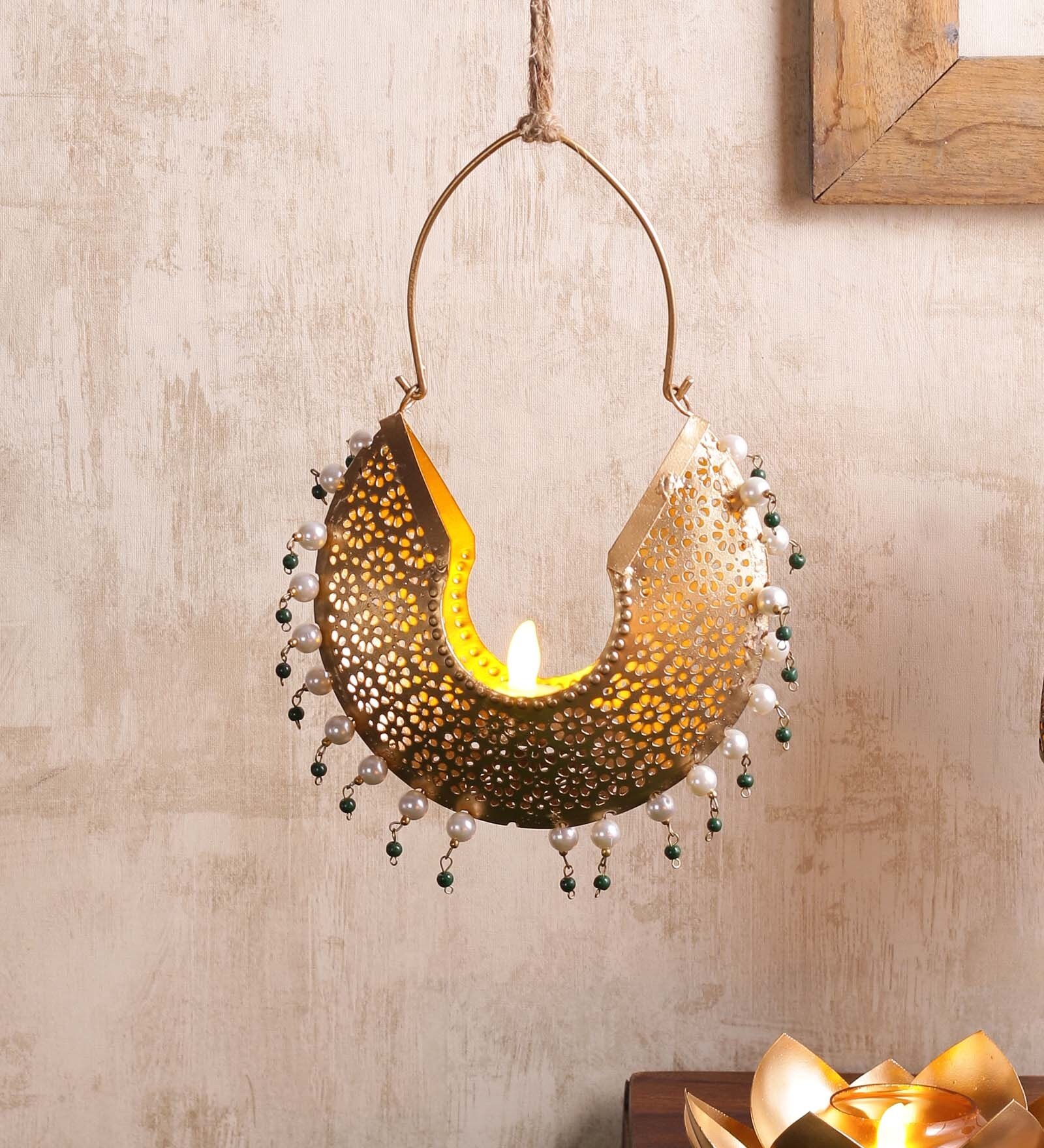 Buy Gold Metal Hanging Tea Light Holder by Courtyard Online Hanging