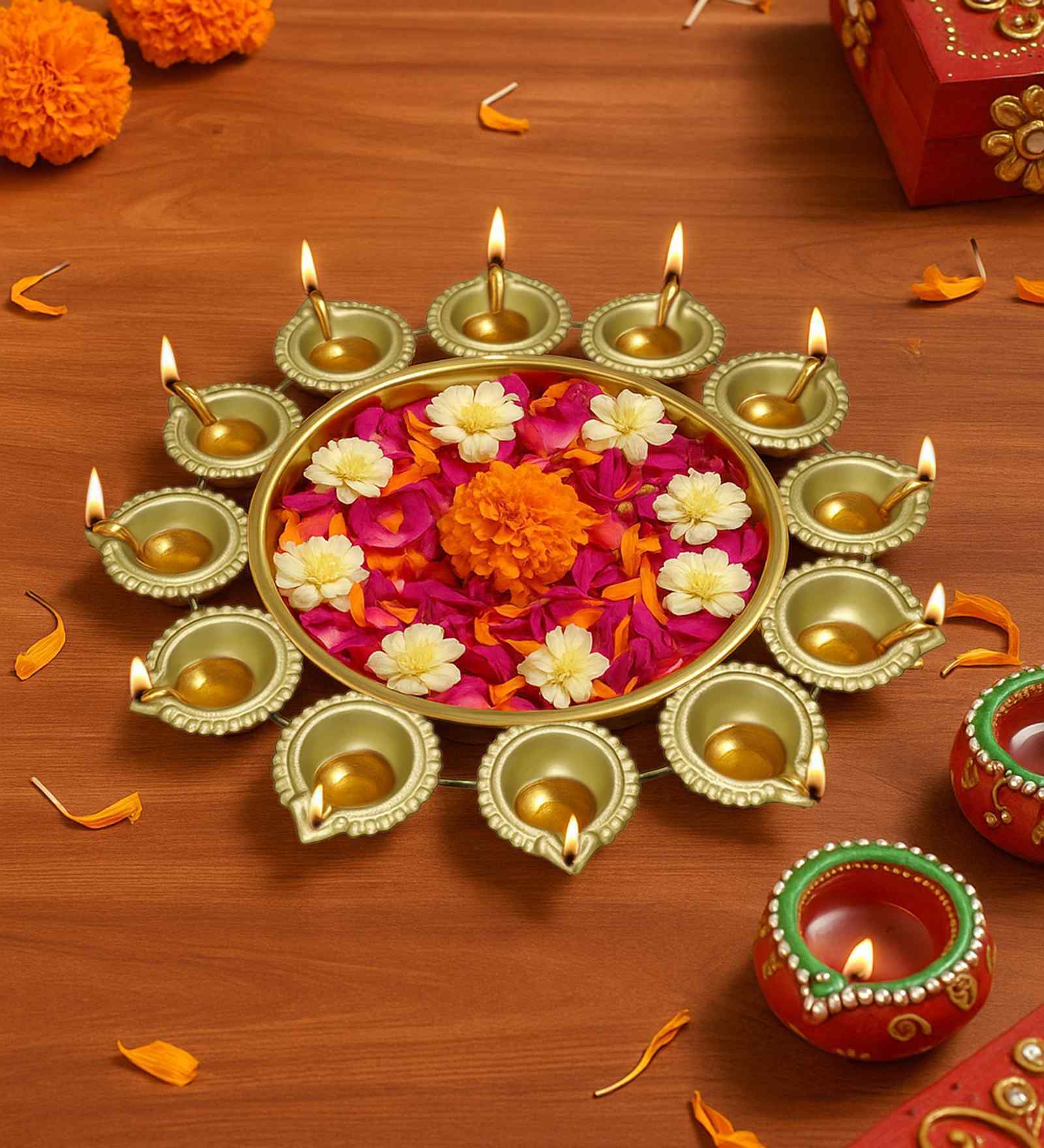 Gold Iron Urli with 12 Attached Diya Holders