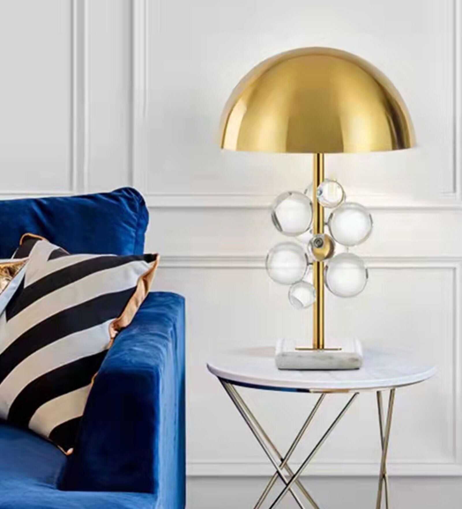 Corner Gold Metal Shade Table Lamp With Marble Base