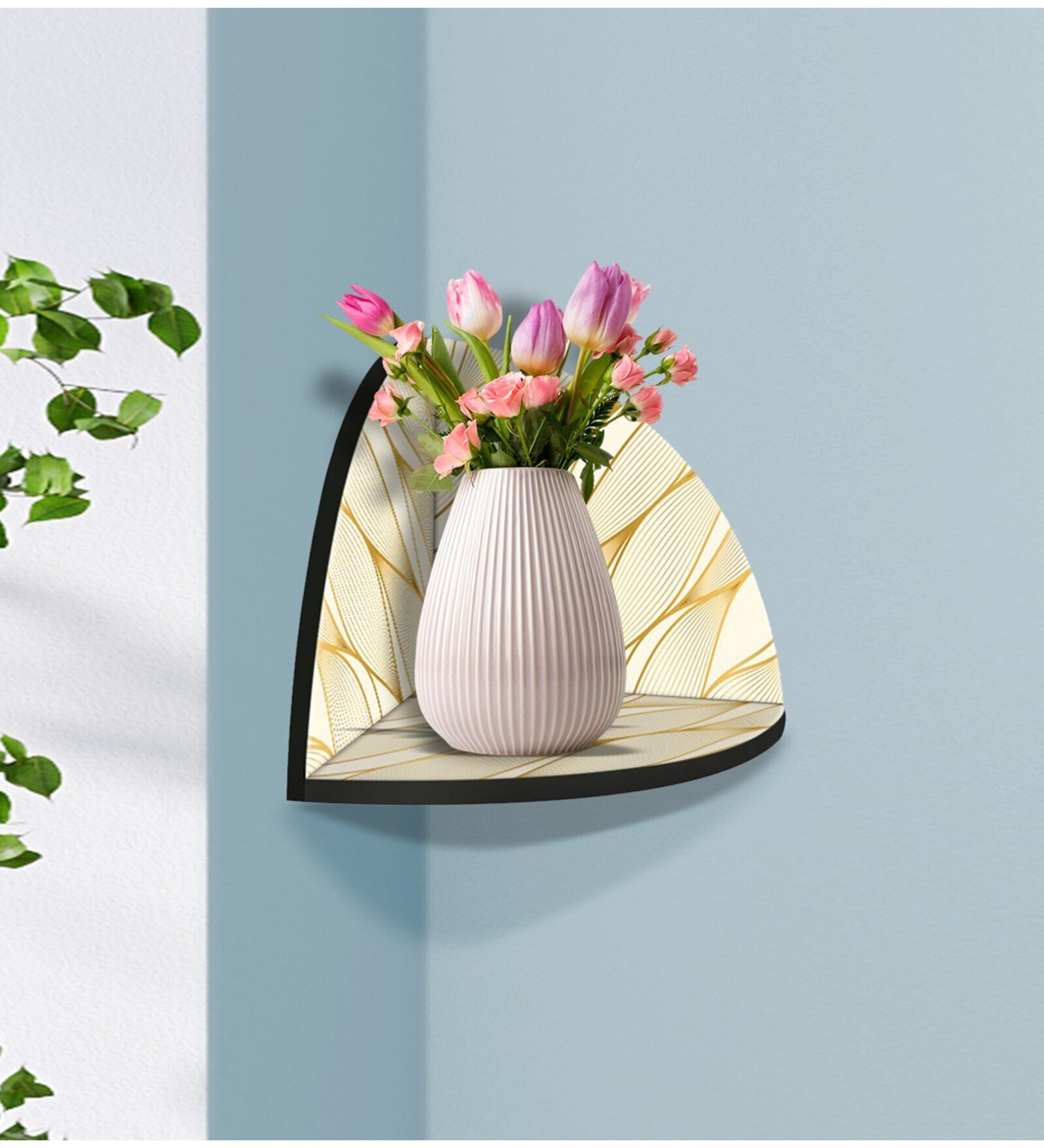 Gold Engineered Wood Corner Wall Shelf