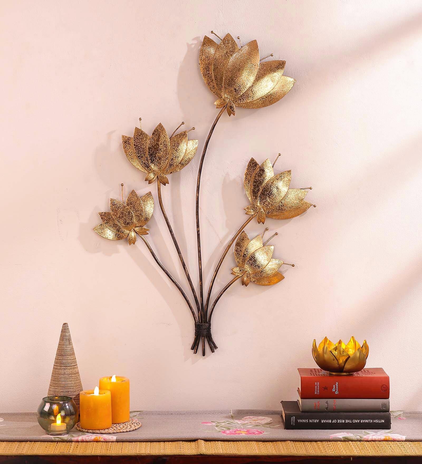 Wrought Iron Lotus Flower In Golden Wall Art