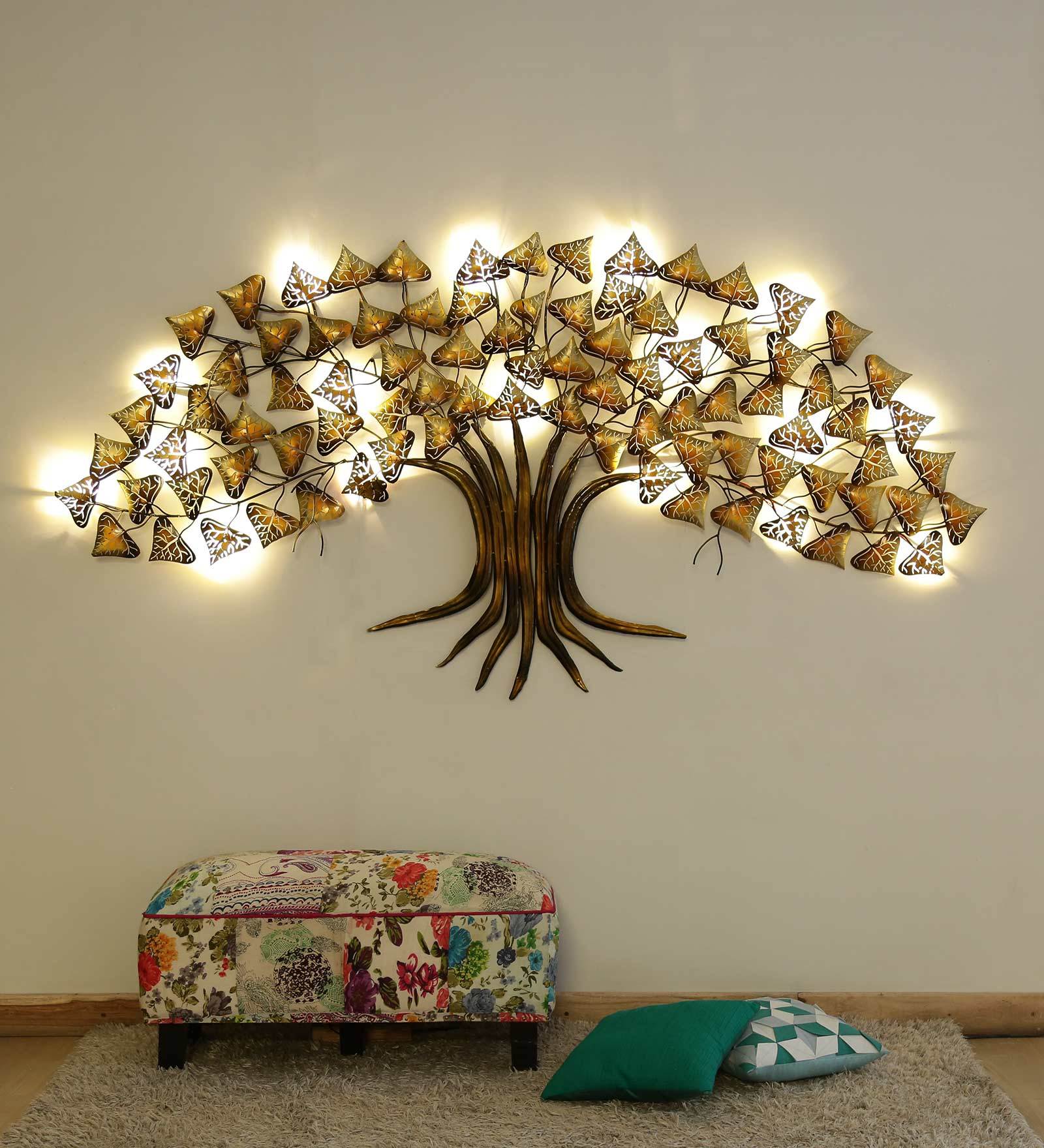 Buy Wrought Iron Decorative Tree Wall Art With LED In Gold By Malik ...