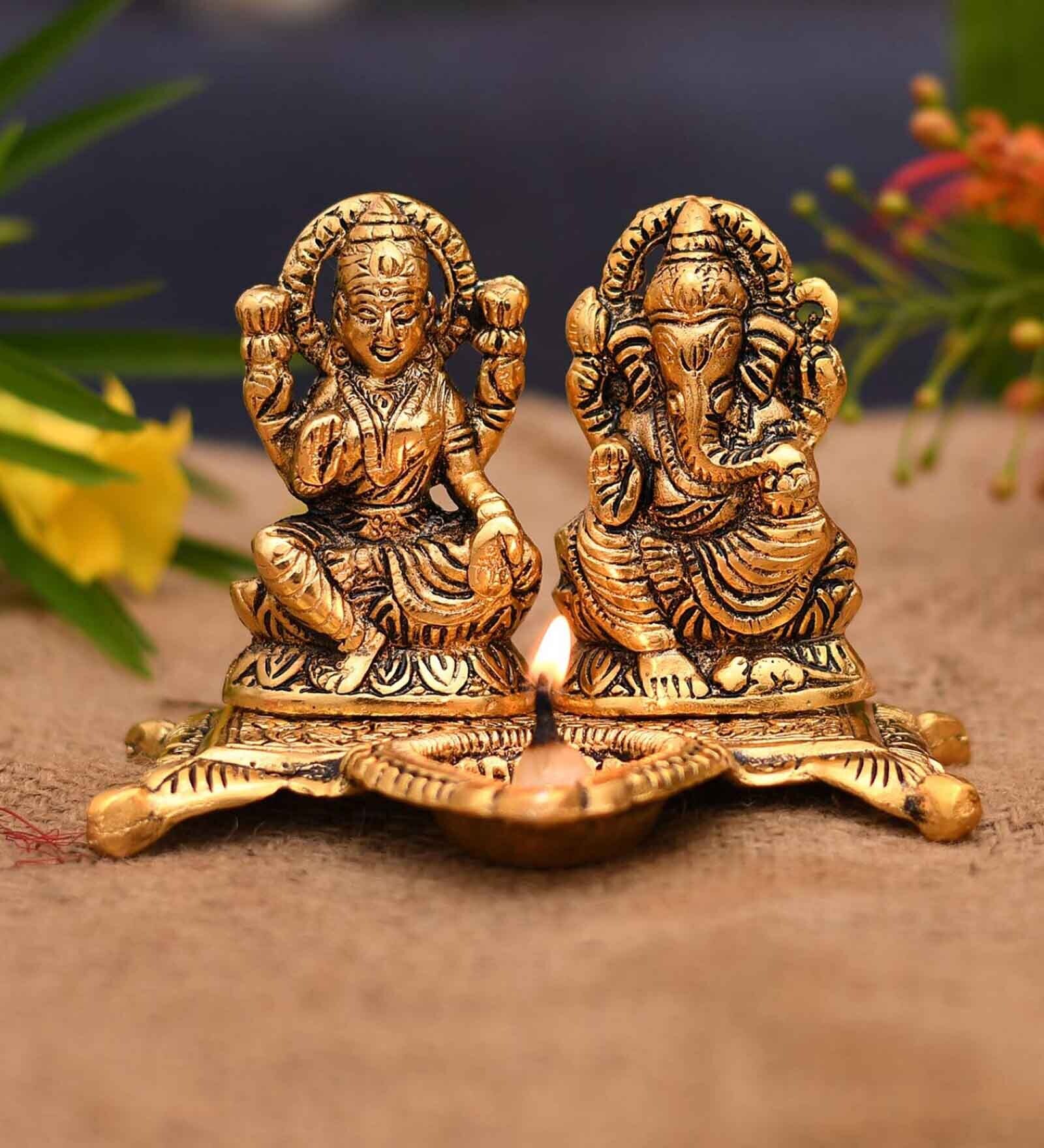 Gold Metal Laxmi Ganesha Idols Diya
