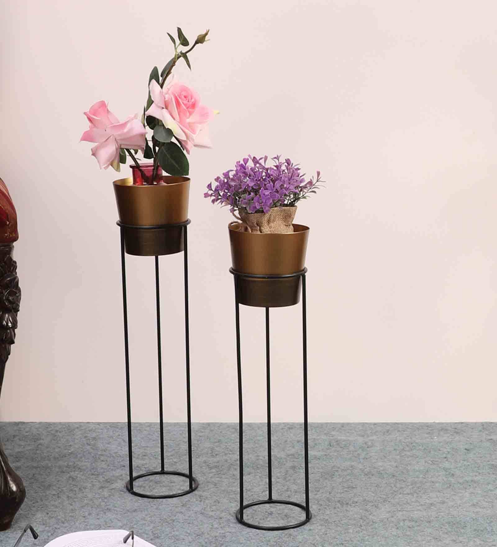 Set Of 2 Gold Metal Floor Planters