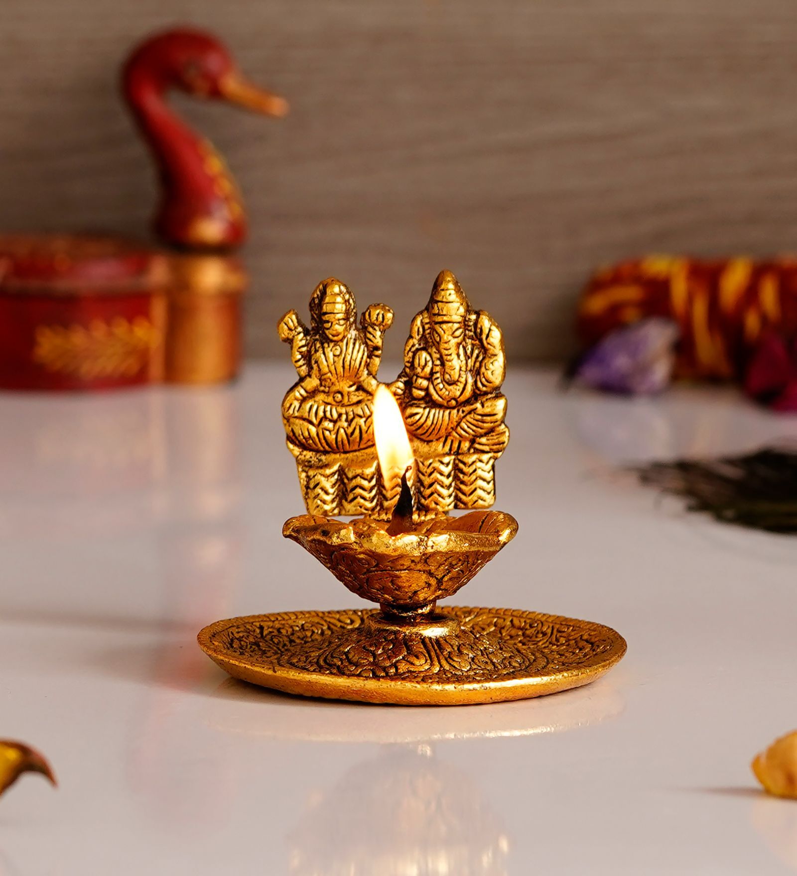 Gold Metal Goddess Laxmi & Lord Ganesha Diya