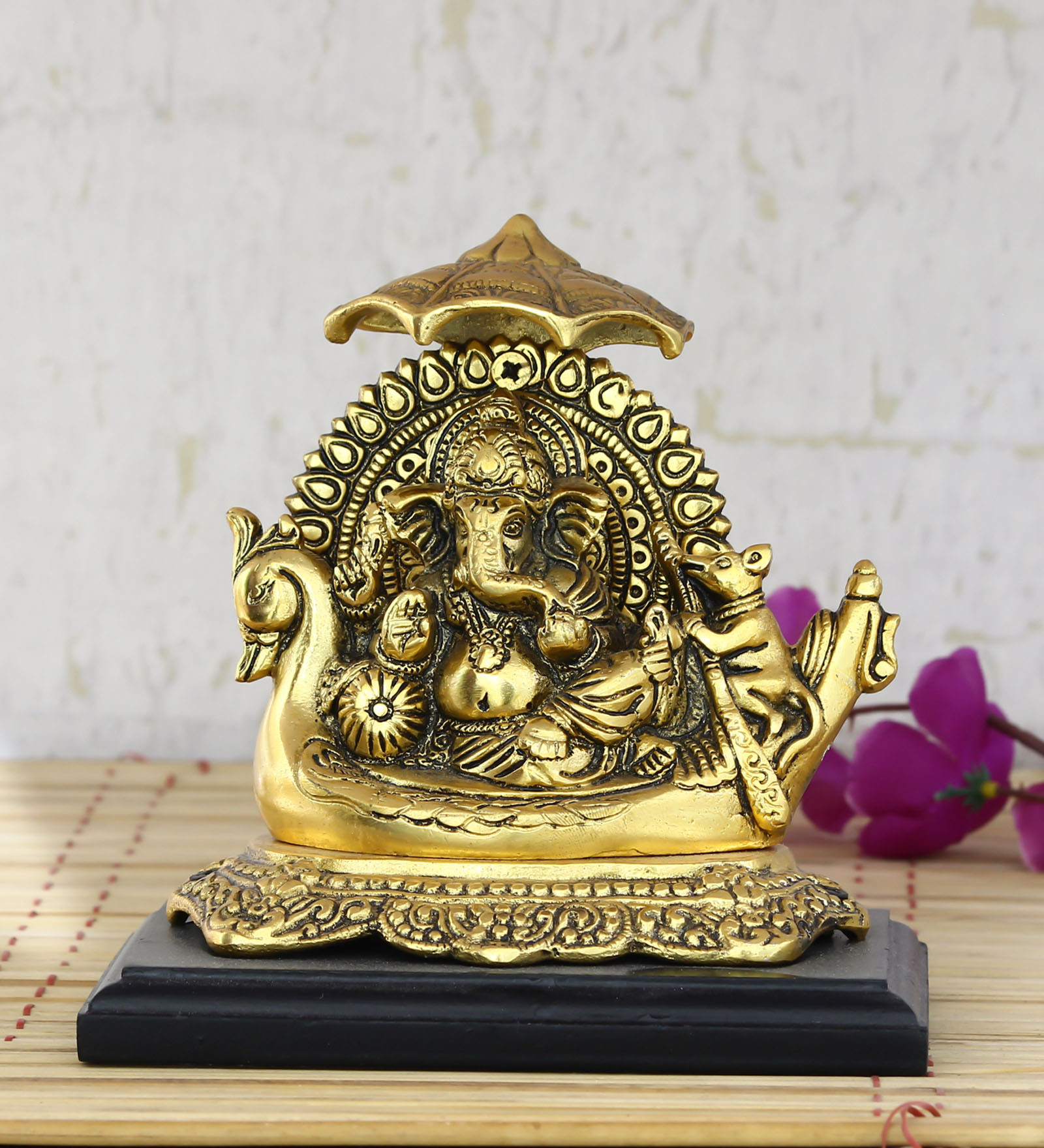Gold Metal Lord Ganesha Sitting on Swan Throne Religious Idol