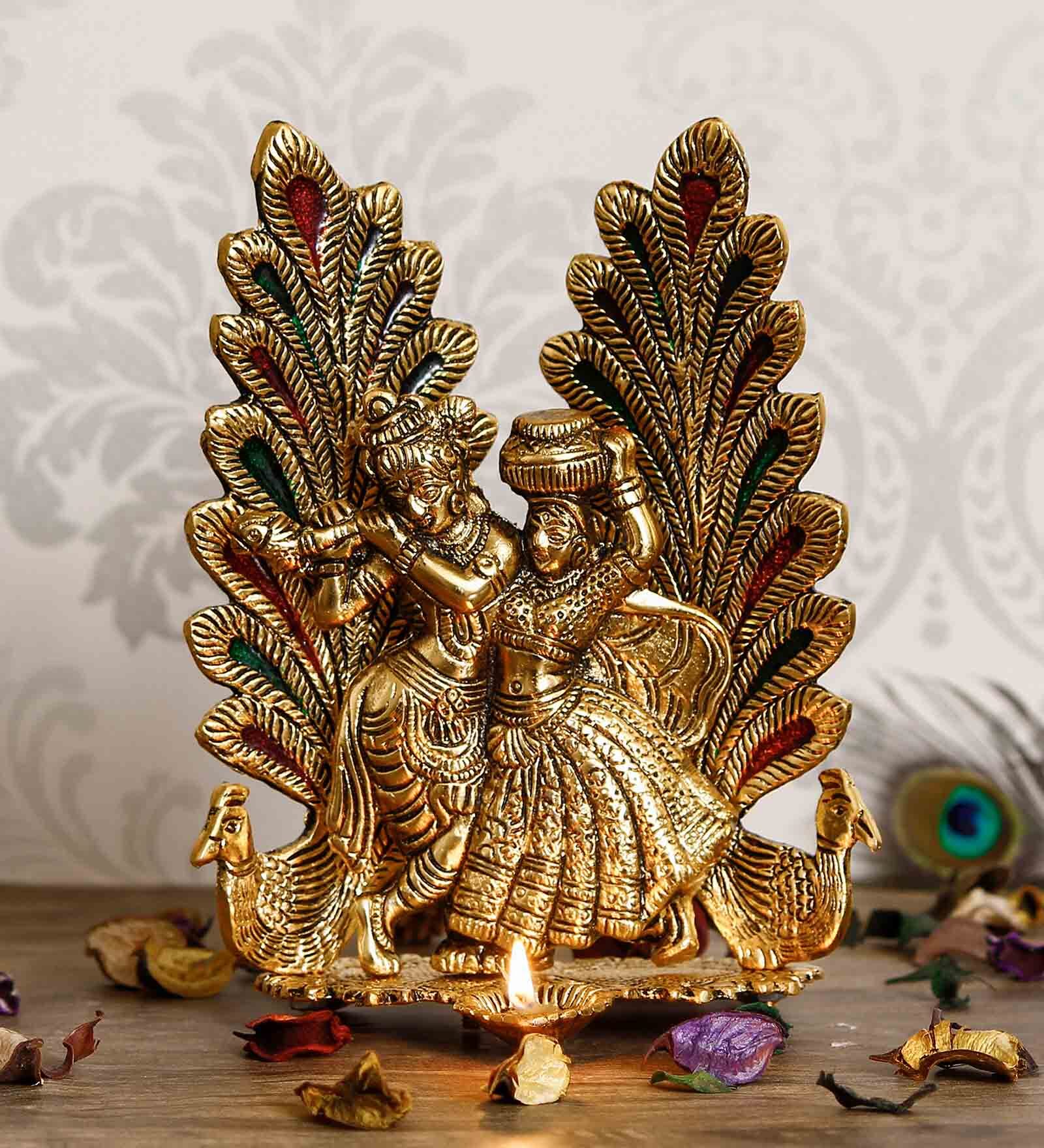 Gold Metal Radha Krishna Idol with Diya eCraftIndia
