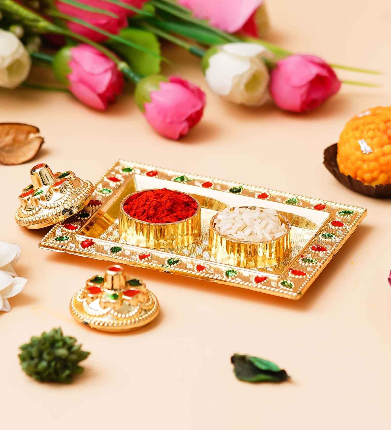 Gold Metal Roli Chawal Holder, Akshata Haldi Kumkum Holder