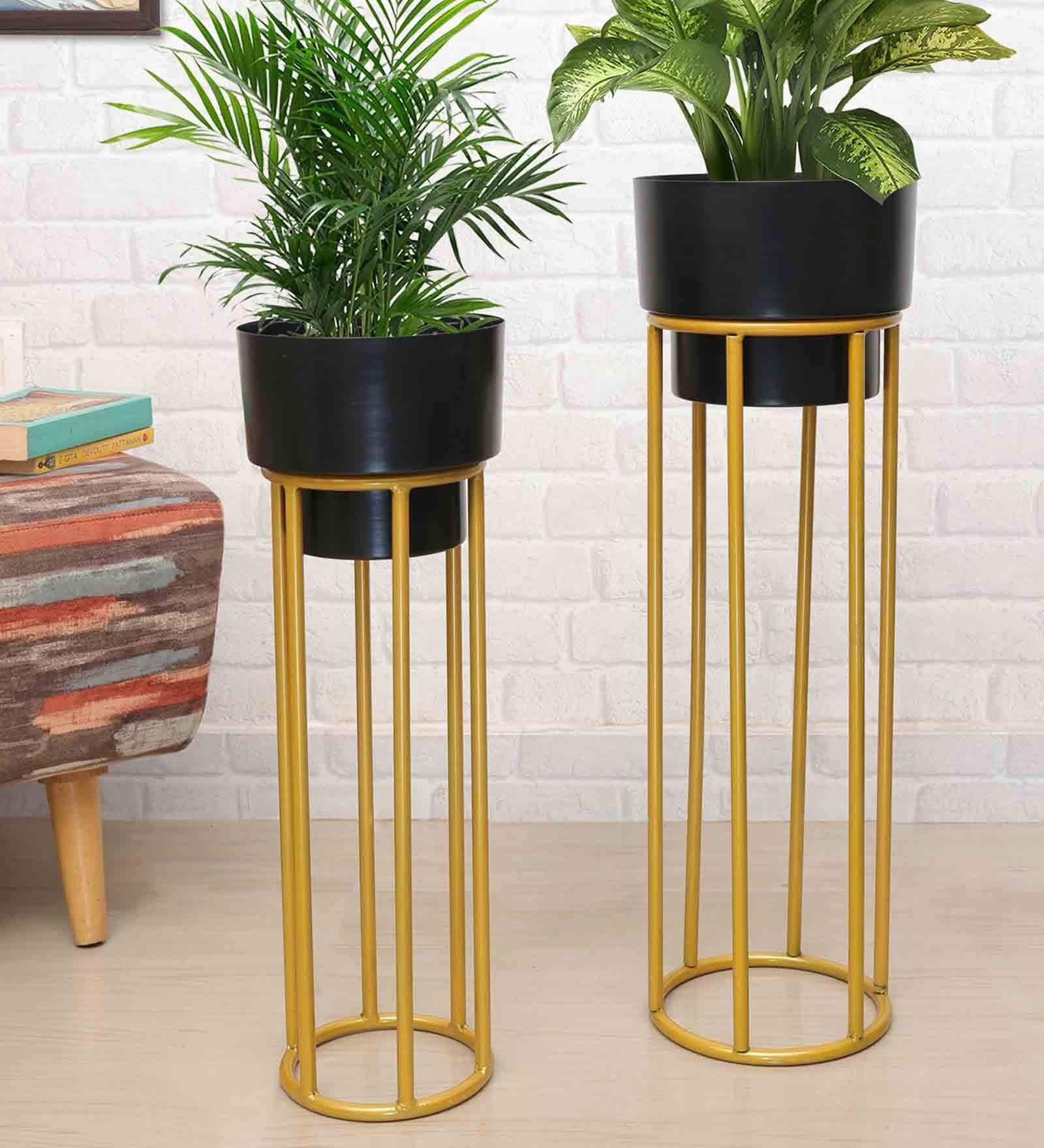 Buy Round Base (Set of 2) Black & Gold Metal Floor Planter Stand With ...