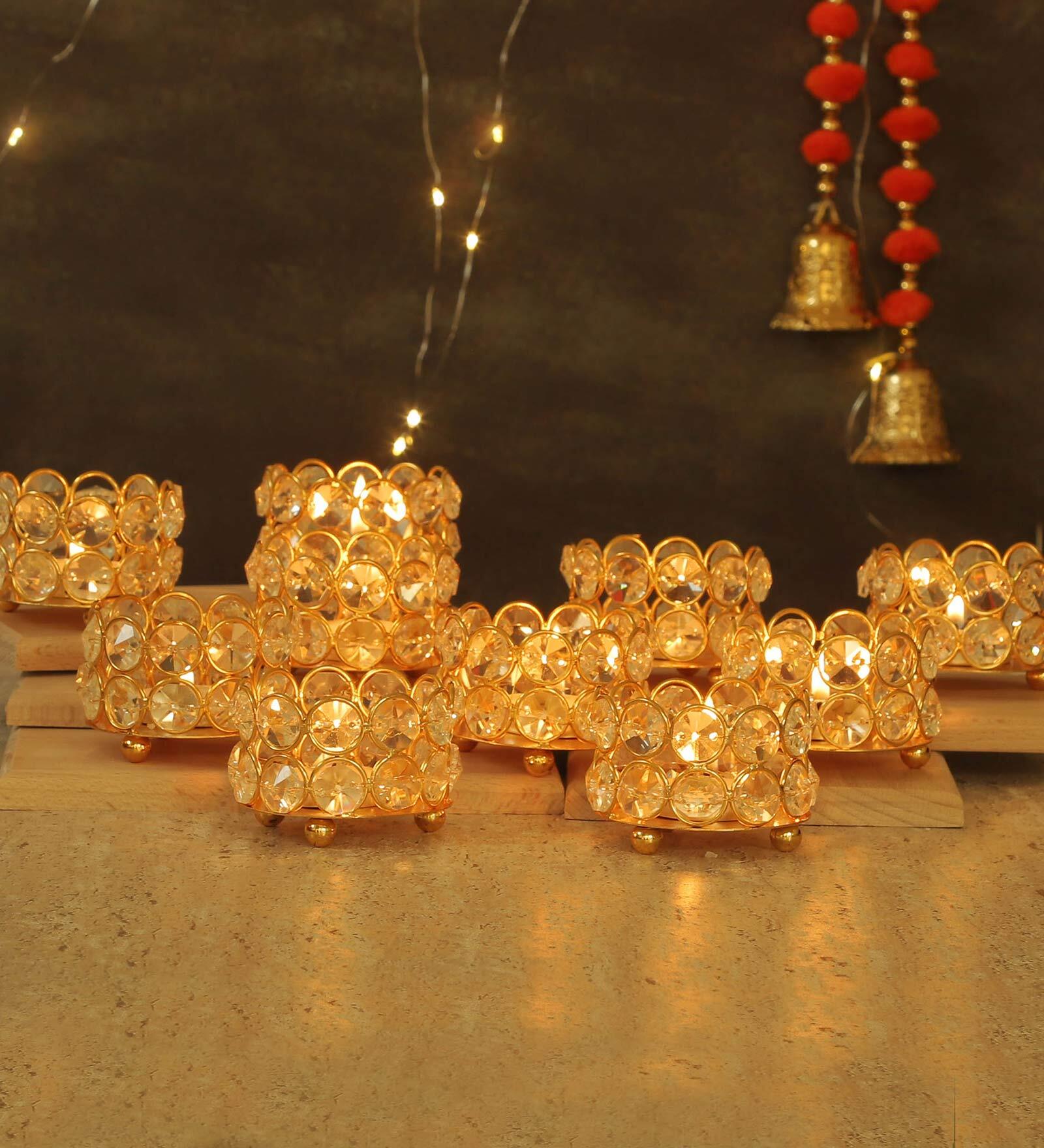 Buy Gold Metal Set Of 10 Crystal Tealight Candle Holders By Tied